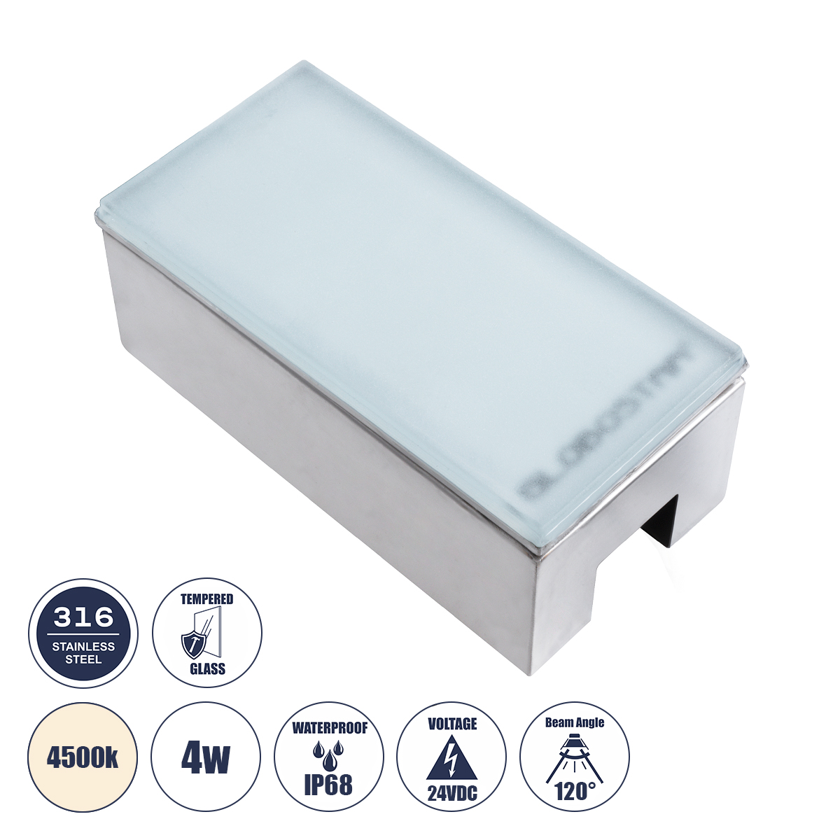 60950 GloboStar® GLOBOSTAR® CYBOLITHOS 60950 Χωνευτό Αρχιτεκτονικο Φωτιστικό Σποτ Δαπέδου LED 4W 460lm 120° DC 24V Αδιάβροχο IP68 IK06 Φυσικό Λευκό 4500K Dimmable - Bridgelux SMD Chip - Γαλακτερό Tempered Glass & Ανοξείδωτο Ατσάλι SS316 - Μ20 x Π10x Υ8cm