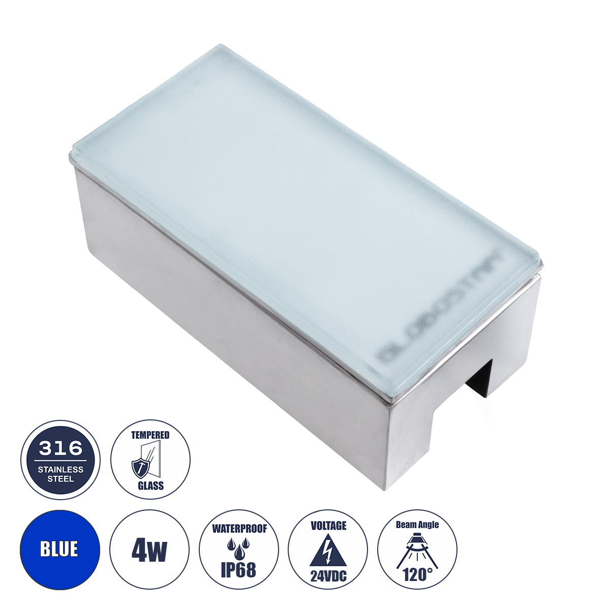 60952 GloboStar® GLOBOSTAR® CYBOLITHOS 60952 Χωνευτό Αρχιτεκτονικο Φωτιστικό Σποτ Δαπέδου LED 4W 340lm 120° DC 24V Αδιάβροχο IP68 IK06 Μπλε Dimmable - Bridgelux SMD Chip - Γαλακτερό Tempered Glass & Ανοξείδωτο Ατσάλι SS316 - Μ20 x Π10x Υ8cm / Q20 x 10cm -