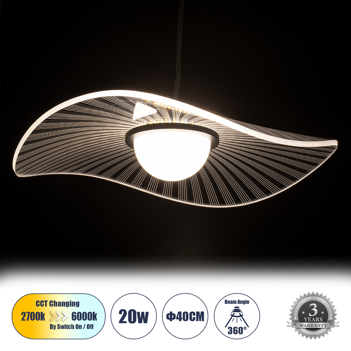 60974 GloboStar® ACRYLICA 60974 Κρεμαστό Φωτιστικό Οροφής Design LED CCT 20W 2240lm 360° AC 220-240V – Εναλλαγή Φωτισμού μέσω Διακόπτη On/Off All In One Ψυχρό 6000k+Φυσικό 4500k+Θερμό 2700k Φ40cm – Μαύρο με Διάφανο Laser Designed Plexiglass – 3 Years War 60974 GloboStar® ACRYLICA 60974 Κρεμαστό Φωτιστικό Οροφής Design LED CCT 20W 2240lm 360° AC 220-240V – Εναλλαγή Φωτισμού μέσω Διακόπτη On/Off All In One Ψυχρό 6000k+Φυσικό 4500k+Θερμό 2700k Φ40cm – Μαύρο με Διάφανο Laser Designed Plexiglass – 3 Years War