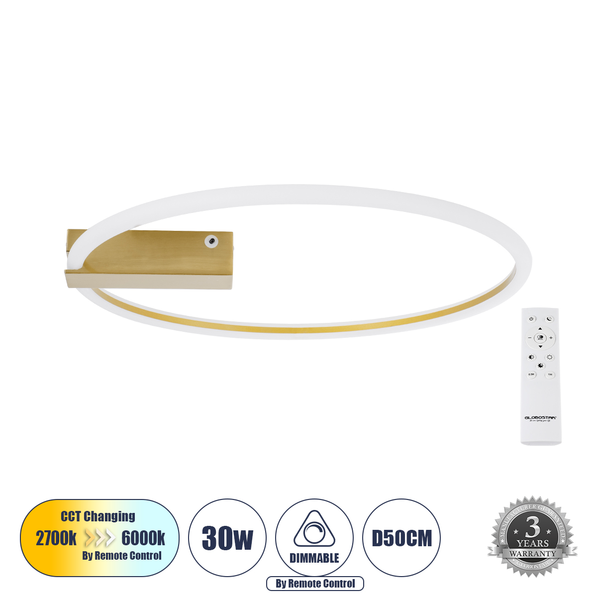 60982 GloboStar® GLOBOSTAR® CINDERELLA 60982 Μοντέρνο Φωτιστικό Οροφής LED 30W 3360lm 360° AC 220-240V IP20 Ρυθμιζόμενο Λευκό CCT με Χειριστήριο από 2700K έως 6000K Dimmable - Lumileds SMD Chip - Χρυσό Βούρτσας - Μ50 x Π50 x Υ5cm - 3 Χρόνια Εγγύηση