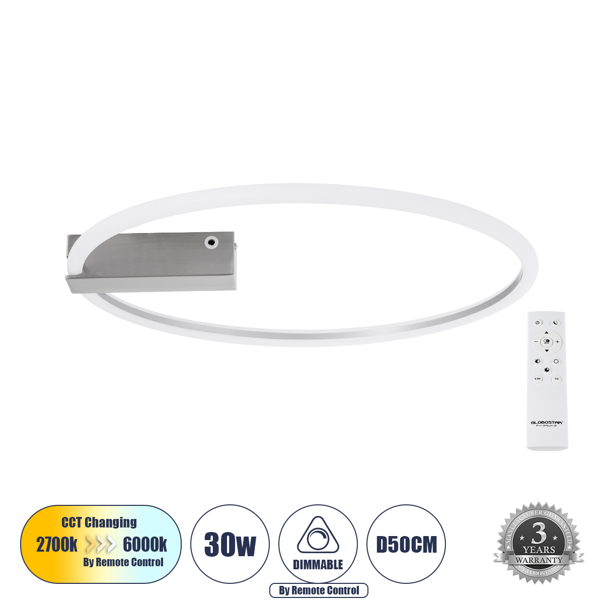 60983 GloboStar® GLOBOSTAR® CINDERELLA 60983 Μοντέρνο Φωτιστικό Οροφής LED 30W 3360lm 360° AC 220-240V IP20 Ρυθμιζόμενο Λευκό CCT με Χειριστήριο από 2700K έως 6000K Dimmable - Lumileds SMD Chip - Νίκελ Βούρτσας - Μ50 x Π50 x Υ5cm - 3 Χρόνια Εγγύηση