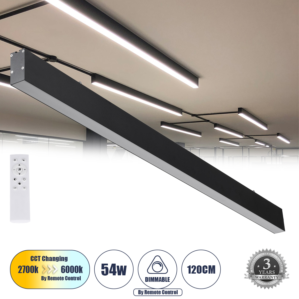 61028-1 GloboStar® FELIX 61028-S Γραμμικό Φωτιστικό Οροφής Linear LED CCT 54W 6500lm 120° AC 220-240V Μ120 x Π3.5 x Υ7cm – Εναλλαγή Φωτισμού μέσω Τηλεχειριστηρίου All In One Ψυχρό 6000k+Φυσικό 4500k+Θερμό 2700k Dimmable – Μαύρο – 3 Years Warranty 61028-1 GloboStar® FELIX 61028-S Γραμμικό Φωτιστικό Οροφής Linear LED CCT 54W 6500lm 120° AC 220-240V Μ120 x Π3.5 x Υ7cm – Εναλλαγή Φωτισμού μέσω Τηλεχειριστηρίου All In One Ψυχρό 6000k+Φυσικό 4500k+Θερμό 2700k Dimmable – Μαύρο – 3 Years Warranty