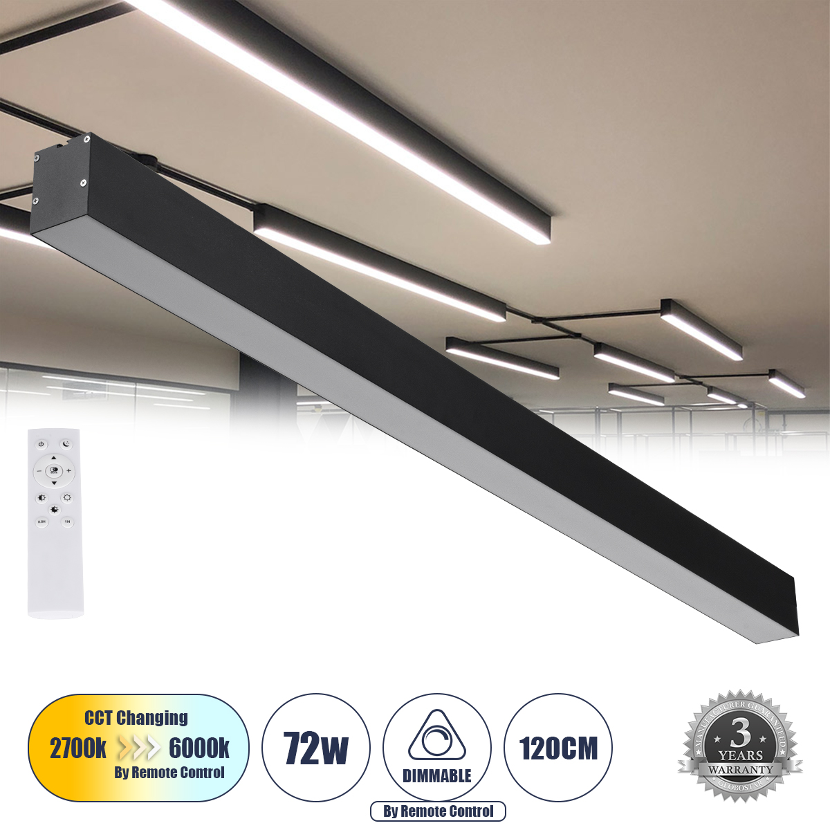 61030-1 GloboStar® ORION 61030-S Γραμμικό Φωτιστικό Οροφής Linear LED CCT 72W 8600lm 120° AC 220-240V Μ120 x Π5.5 x Υ7cm – Εναλλαγή Φωτισμού μέσω Τηλεχειριστηρίου All In One Ψυχρό 6000k+Φυσικό 4500k+Θερμό 2700k Dimmable – Μαύρο – 3 Years Warranty 61030-1 GloboStar® ORION 61030-S Γραμμικό Φωτιστικό Οροφής Linear LED CCT 72W 8600lm 120° AC 220-240V Μ120 x Π5.5 x Υ7cm – Εναλλαγή Φωτισμού μέσω Τηλεχειριστηρίου All In One Ψυχρό 6000k+Φυσικό 4500k+Θερμό 2700k Dimmable – Μαύρο – 3 Years Warranty