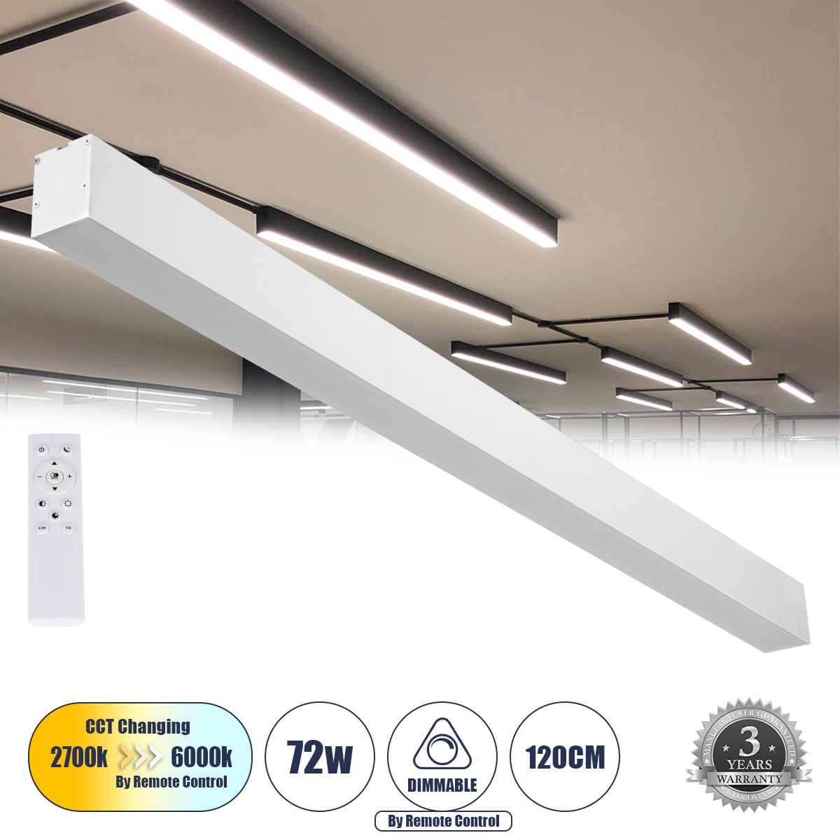 61031 GloboStar® ORION 61031-P Γραμμικό Κρεμαστό Φωτιστικό Linear LED CCT 72W 8600lm 120° AC 220-240V Μ120 x Π5.5 x Υ7cm – Εναλλαγή Φωτισμού μέσω Τηλεχειριστηρίου All In One Ψυχρό 6000k+Φυσικό 4500k+Θερμό 2700k Dimmable – Λευκό – 3 Years Warranty 61031 GloboStar® ORION 61031-P Γραμμικό Κρεμαστό Φωτιστικό Linear LED CCT 72W 8600lm 120° AC 220-240V Μ120 x Π5.5 x Υ7cm – Εναλλαγή Φωτισμού μέσω Τηλεχειριστηρίου All In One Ψυχρό 6000k+Φυσικό 4500k+Θερμό 2700k Dimmable – Λευκό – 3 Years Warranty