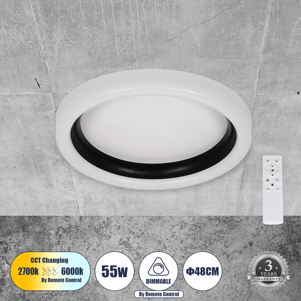 61034 GloboStar®  ARIANA 61034 Πλαφονιέρα Οροφής Κύκλος LED CCT 55W 6376lm 120° AC 220-240V – Εναλλαγή Φωτισμού μέσω Τηλεχειριστηρίου All In One Ψυχρό Λευκό 6000k+Φυσικό Λευκό 4500k+Θερμό Λευκό 2700k Dimmable Φ48cm – Μαύρο – 3 Years Warranty