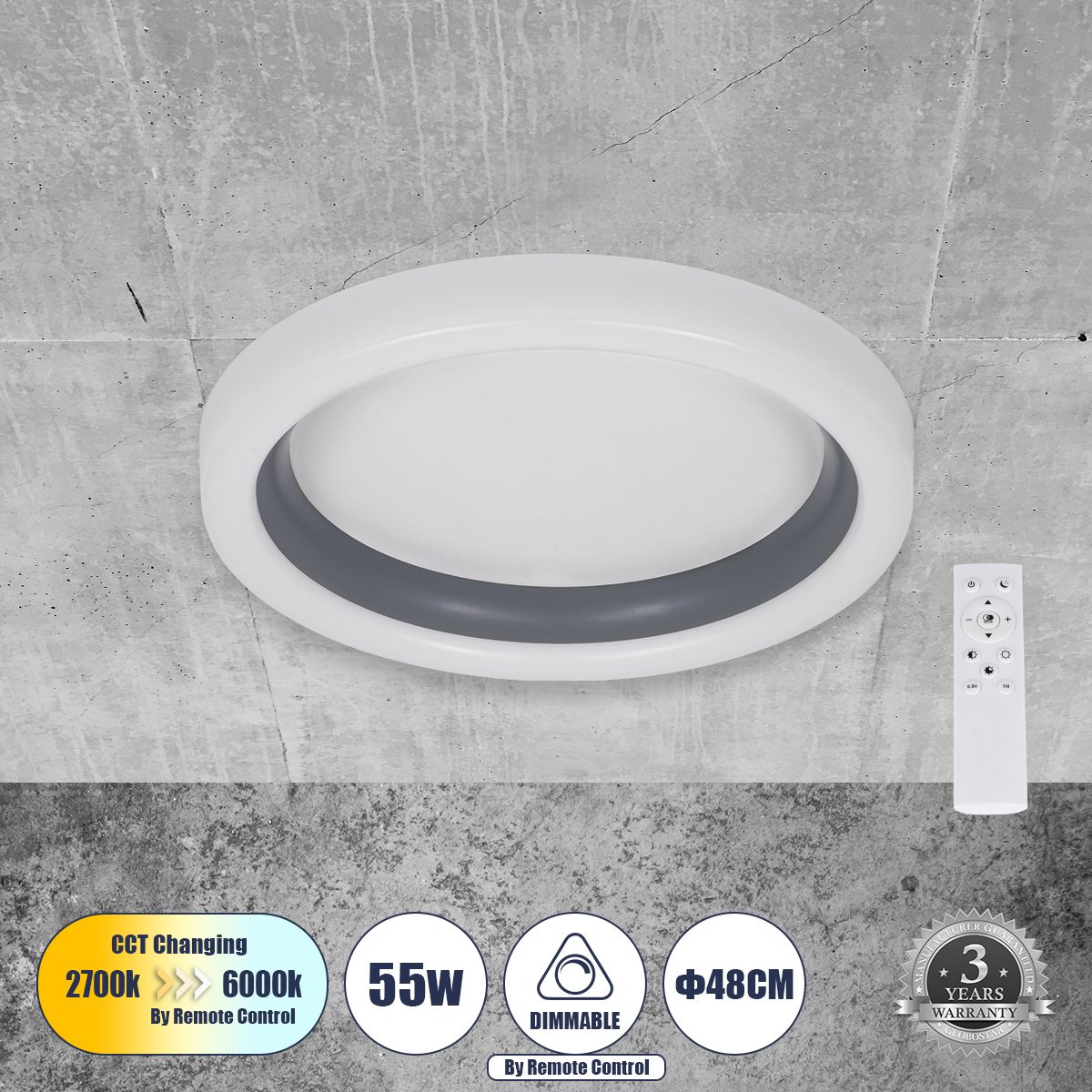 61036 GloboStar® ARIANA 61036 Πλαφονιέρα Οροφής Κύκλος LED CCT 55W 6376lm 120° AC 220-240V – Εναλλαγή Φωτισμού μέσω Τηλεχειριστηρίου All In One Ψυχρό Λευκό 6000k+Φυσικό Λευκό 4500k+Θερμό Λευκό 2700k Dimmable Φ48cm – Γκρι Ανθρακί – 3 Years Warranty 61036 GloboStar® ARIANA 61036 Πλαφονιέρα Οροφής Κύκλος LED CCT 55W 6376lm 120° AC 220-240V – Εναλλαγή Φωτισμού μέσω Τηλεχειριστηρίου All In One Ψυχρό Λευκό 6000k+Φυσικό Λευκό 4500k+Θερμό Λευκό 2700k Dimmable Φ48cm – Γκρι Ανθρακί – 3 Years Warranty