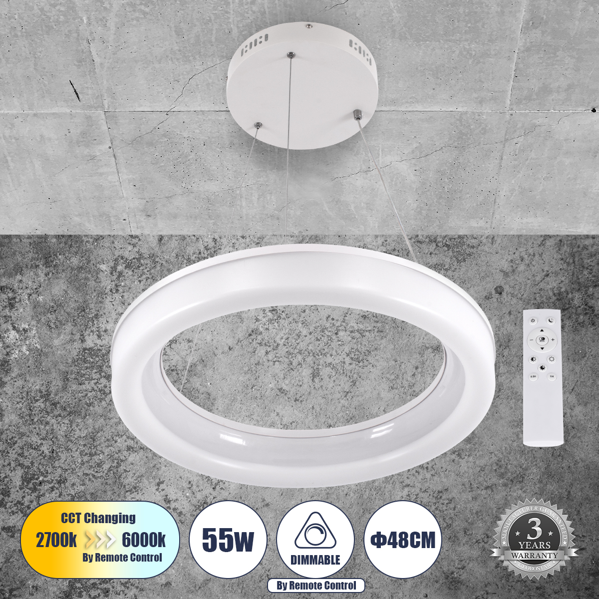 61038 GloboStar® ARIANA 61038 Κρεμαστή Πλαφονιέρα Οροφής Κύκλος LED CCT 55W 6376lm 120° AC 220-240V – Εναλλαγή Φωτισμού μέσω Τηλεχειριστηρίου All In One Ψυχρό Λευκό 6000k+Φυσικό Λευκό 4500k+Θερμό Λευκό 2700k Dimmable Φ48cm – Λευκό – 3 Years Warranty 61038 GloboStar® ARIANA 61038 Κρεμαστή Πλαφονιέρα Οροφής Κύκλος LED CCT 55W 6376lm 120° AC 220-240V – Εναλλαγή Φωτισμού μέσω Τηλεχειριστηρίου All In One Ψυχρό Λευκό 6000k+Φυσικό Λευκό 4500k+Θερμό Λευκό 2700k Dimmable Φ48cm – Λευκό – 3 Years Warranty