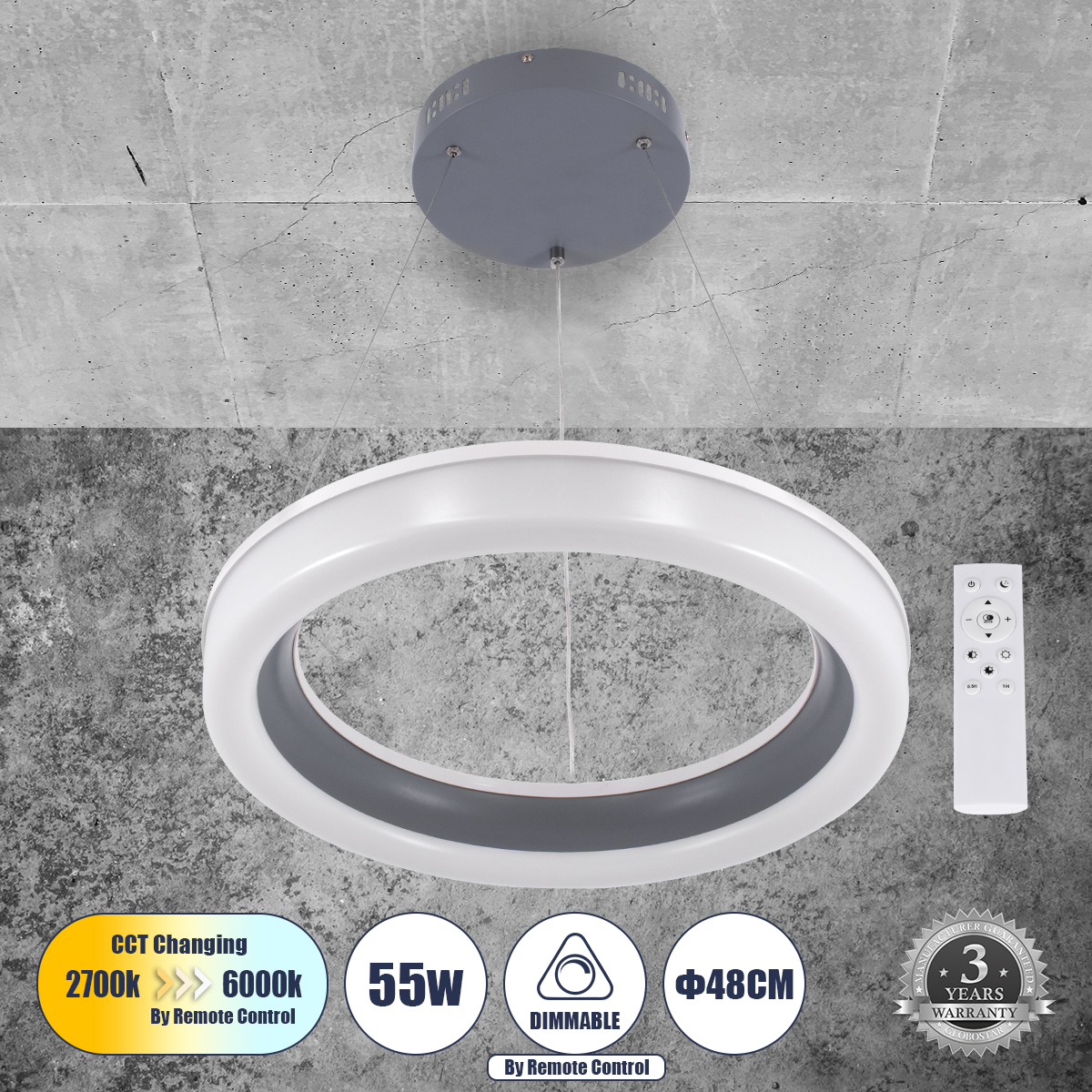 61039 GloboStar® ARIANA 61039 Κρεμαστή Πλαφονιέρα Οροφής Κύκλος LED CCT 55W 6376lm 120° AC 220-240V – Εναλλαγή Φωτισμού μέσω Τηλεχειριστηρίου All In One Ψυχρό Λευκό 6000k+Φυσικό Λευκό 4500k+Θερμό Λευκό 2700k Dimmable Φ48cm – Γκρι Ανθρακί – 3 Years Warran 61039 GloboStar® ARIANA 61039 Κρεμαστή Πλαφονιέρα Οροφής Κύκλος LED CCT 55W 6376lm 120° AC 220-240V – Εναλλαγή Φωτισμού μέσω Τηλεχειριστηρίου All In One Ψυχρό Λευκό 6000k+Φυσικό Λευκό 4500k+Θερμό Λευκό 2700k Dimmable Φ48cm – Γκρι Ανθρακί – 3 Years Warran