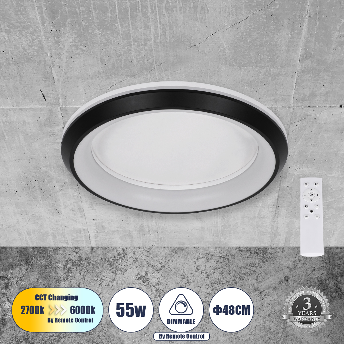 61040 GloboStar® MELINA 61040 Πλαφονιέρα Οροφής Κύκλος LED CCT 55W 6376lm 120° AC 220-240V – Εναλλαγή Φωτισμού μέσω Τηλεχειριστηρίου All In One Ψυχρό Λευκό 6000k+Φυσικό Λευκό 4500k+Θερμό Λευκό 2700k Dimmable Φ48cm – Μαύρο – 3 Years Warranty 61040 GloboStar® MELINA 61040 Πλαφονιέρα Οροφής Κύκλος LED CCT 55W 6376lm 120° AC 220-240V – Εναλλαγή Φωτισμού μέσω Τηλεχειριστηρίου All In One Ψυχρό Λευκό 6000k+Φυσικό Λευκό 4500k+Θερμό Λευκό 2700k Dimmable Φ48cm – Μαύρο – 3 Years Warranty