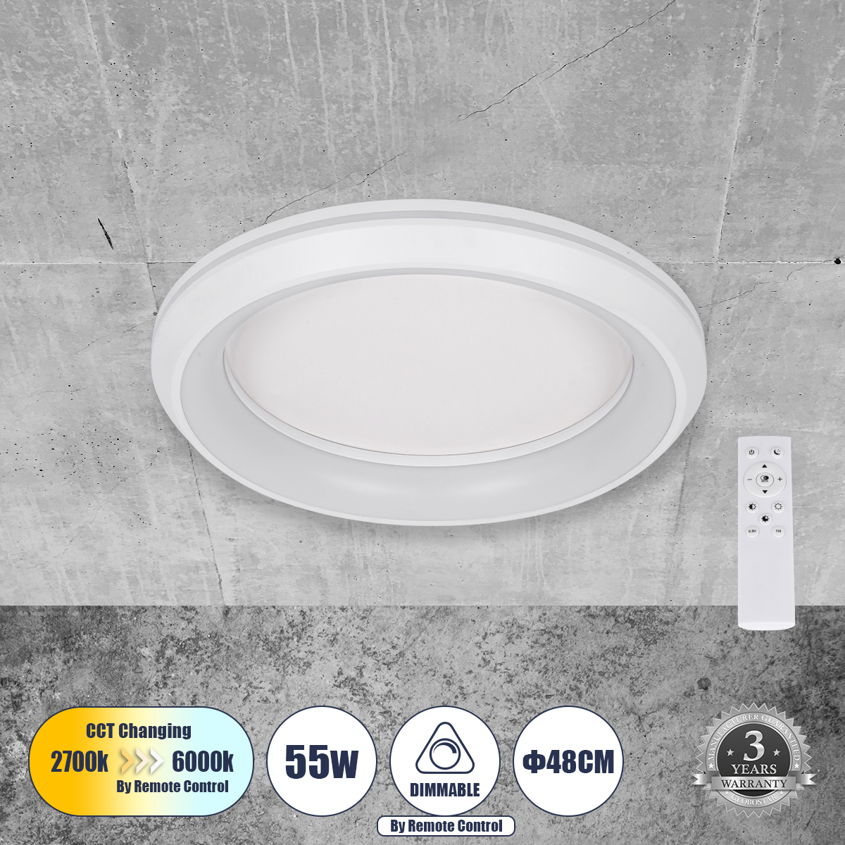 61041 GloboStar® MELINA 61041 Πλαφονιέρα Οροφής Κύκλος LED CCT 55W 6376lm 120° AC 220-240V – Εναλλαγή Φωτισμού μέσω Τηλεχειριστηρίου All In One Ψυχρό Λευκό 6000k+Φυσικό Λευκό 4500k+Θερμό Λευκό 2700k Dimmable Φ48cm – Λευκό – 3 Years Warranty 61041 GloboStar® MELINA 61041 Πλαφονιέρα Οροφής Κύκλος LED CCT 55W 6376lm 120° AC 220-240V – Εναλλαγή Φωτισμού μέσω Τηλεχειριστηρίου All In One Ψυχρό Λευκό 6000k+Φυσικό Λευκό 4500k+Θερμό Λευκό 2700k Dimmable Φ48cm – Λευκό – 3 Years Warranty