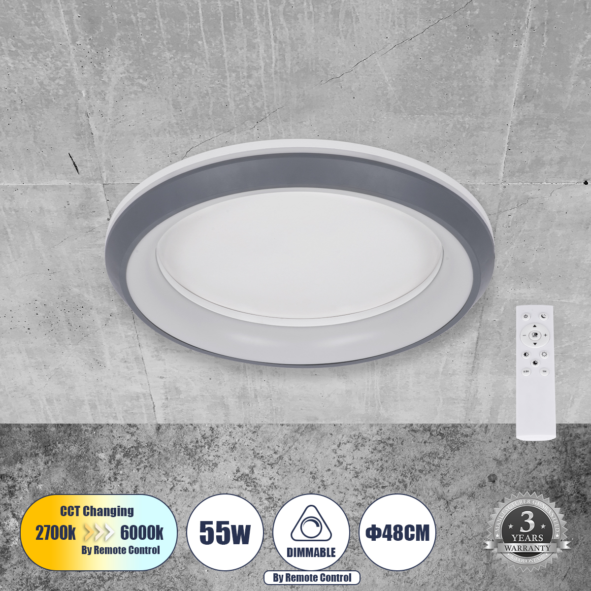 61042 GloboStar® MELINA 61042 Πλαφονιέρα Οροφής Κύκλος LED CCT 55W 6376lm 120° AC 220-240V – Εναλλαγή Φωτισμού μέσω Τηλεχειριστηρίου All In One Ψυχρό Λευκό 6000k+Φυσικό Λευκό 4500k+Θερμό Λευκό 2700k Dimmable Φ48cm – Γκρι Ανθρακί – 3 Years Warranty 61042 GloboStar® MELINA 61042 Πλαφονιέρα Οροφής Κύκλος LED CCT 55W 6376lm 120° AC 220-240V – Εναλλαγή Φωτισμού μέσω Τηλεχειριστηρίου All In One Ψυχρό Λευκό 6000k+Φυσικό Λευκό 4500k+Θερμό Λευκό 2700k Dimmable Φ48cm – Γκρι Ανθρακί – 3 Years Warranty