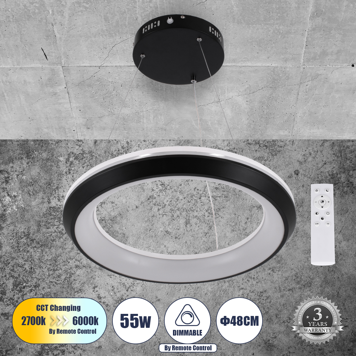 61043 GloboStar® MELINA 61043 Κρεμαστή Πλαφονιέρα Οροφής Κύκλος LED CCT 55W 6376lm 120° AC 220-240V – Εναλλαγή Φωτισμού μέσω Τηλεχειριστηρίου All In One Ψυχρό Λευκό 6000k+Φυσικό Λευκό 4500k+Θερμό Λευκό 2700k Dimmable Φ48cm – Μαύρο – 3 Years Warranty 61043 GloboStar® MELINA 61043 Κρεμαστή Πλαφονιέρα Οροφής Κύκλος LED CCT 55W 6376lm 120° AC 220-240V – Εναλλαγή Φωτισμού μέσω Τηλεχειριστηρίου All In One Ψυχρό Λευκό 6000k+Φυσικό Λευκό 4500k+Θερμό Λευκό 2700k Dimmable Φ48cm – Μαύρο – 3 Years Warranty