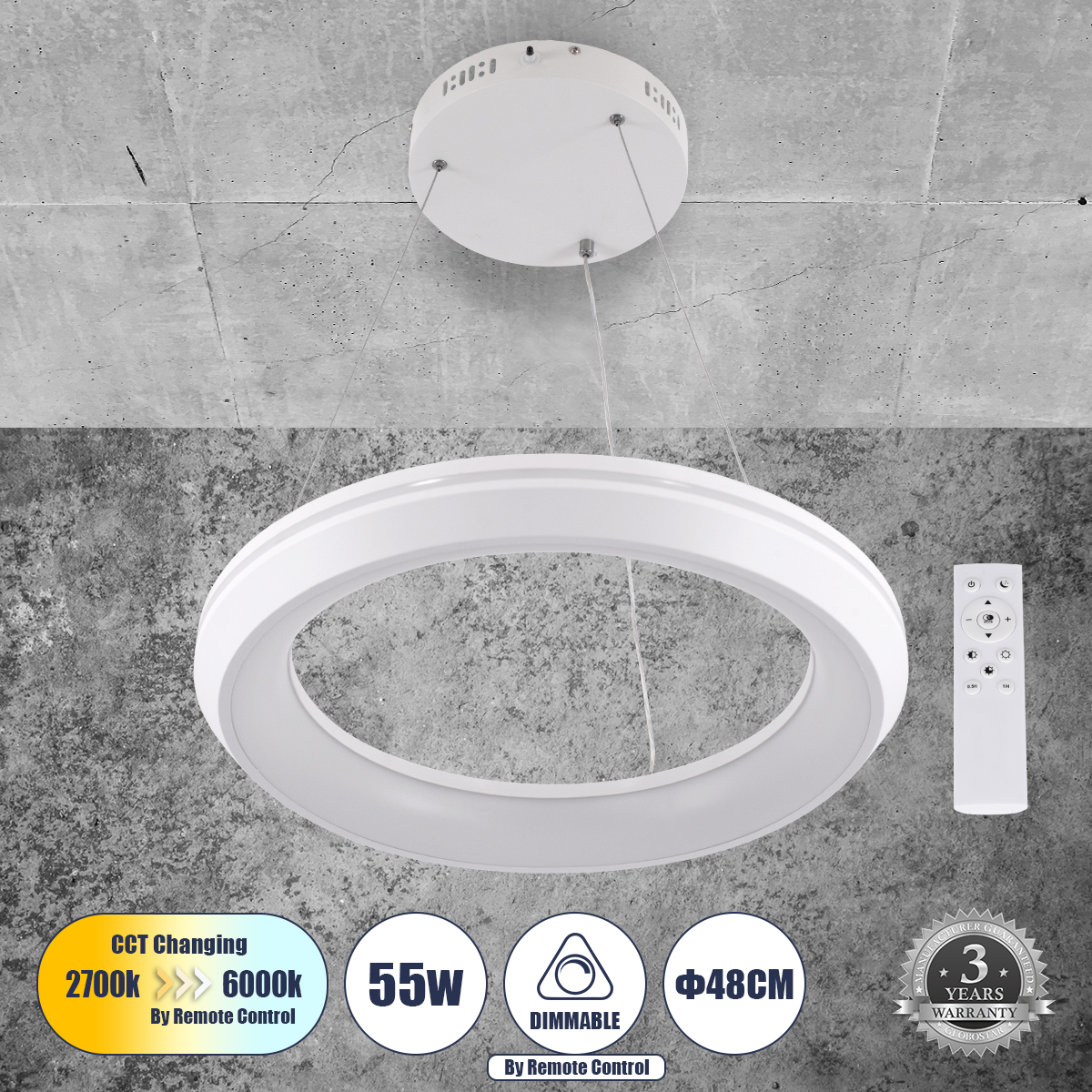 61044 GloboStar® MELINA 61044 Κρεμαστή Πλαφονιέρα Οροφής Κύκλος LED CCT 55W 6376lm 120° AC 220-240V – Εναλλαγή Φωτισμού μέσω Τηλεχειριστηρίου All In One Ψυχρό Λευκό 6000k+Φυσικό Λευκό 4500k+Θερμό Λευκό 2700k Dimmable Φ48cm – Λευκό – 3 Years Warranty 61044 GloboStar® MELINA 61044 Κρεμαστή Πλαφονιέρα Οροφής Κύκλος LED CCT 55W 6376lm 120° AC 220-240V – Εναλλαγή Φωτισμού μέσω Τηλεχειριστηρίου All In One Ψυχρό Λευκό 6000k+Φυσικό Λευκό 4500k+Θερμό Λευκό 2700k Dimmable Φ48cm – Λευκό – 3 Years Warranty