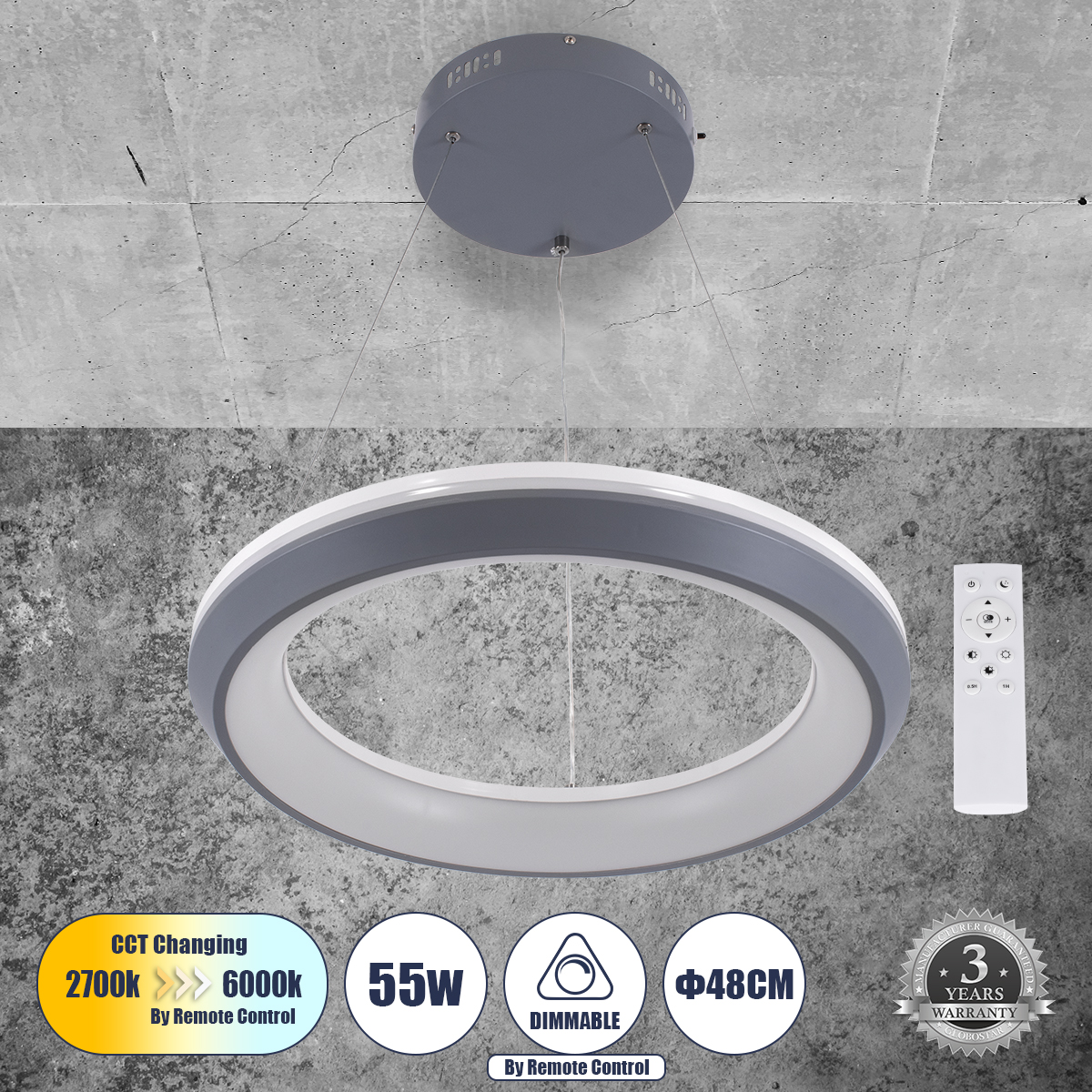 61045 GloboStar® MELINA 61045 Κρεμαστή Πλαφονιέρα Οροφής Κύκλος LED CCT 55W 6376lm 120° AC 220-240V – Εναλλαγή Φωτισμού μέσω Τηλεχειριστηρίου All In One Ψυχρό Λευκό 6000k+Φυσικό Λευκό 4500k+Θερμό Λευκό 2700k Dimmable Φ48cm – Ανθρακί – 3 Years Warranty 61045 GloboStar® MELINA 61045 Κρεμαστή Πλαφονιέρα Οροφής Κύκλος LED CCT 55W 6376lm 120° AC 220-240V – Εναλλαγή Φωτισμού μέσω Τηλεχειριστηρίου All In One Ψυχρό Λευκό 6000k+Φυσικό Λευκό 4500k+Θερμό Λευκό 2700k Dimmable Φ48cm – Ανθρακί – 3 Years Warranty