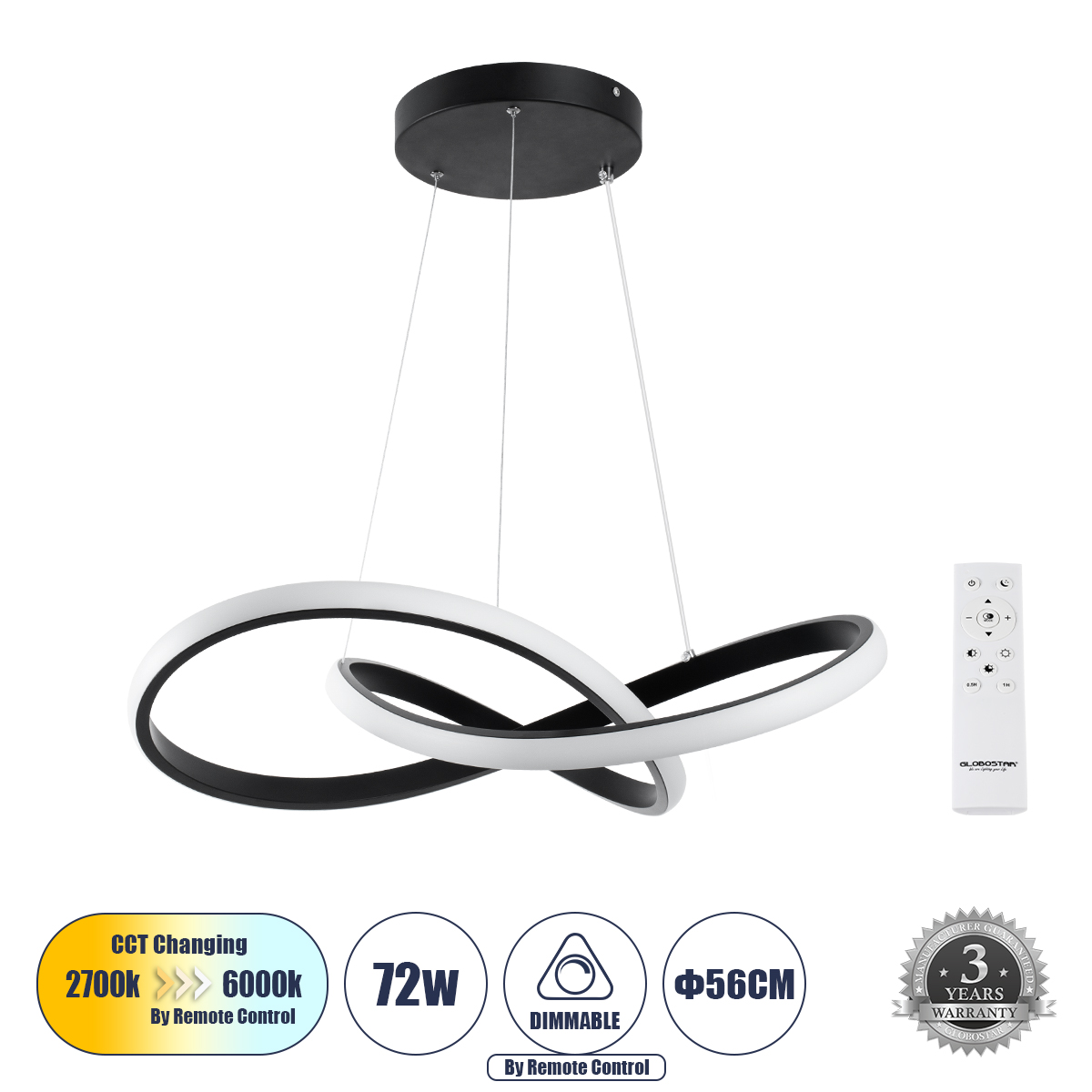 61049 GloboStar® DEXTER 61049 Κρεμαστό Φωτιστικό Οροφής Design LED CCT 72W 8064lm 300° AC 220-240V – Εναλλαγή Φωτισμού μέσω Τηλεχειριστηρίου All In One Ψυχρό 6000k+Φυσικό 4500k+Θερμό 2700k Dimmable Φ56cm – Μαύρο – 3 Years Warranty 61049 GloboStar® DEXTER 61049 Κρεμαστό Φωτιστικό Οροφής Design LED CCT 72W 8064lm 300° AC 220-240V – Εναλλαγή Φωτισμού μέσω Τηλεχειριστηρίου All In One Ψυχρό 6000k+Φυσικό 4500k+Θερμό 2700k Dimmable Φ56cm – Μαύρο – 3 Years Warranty
