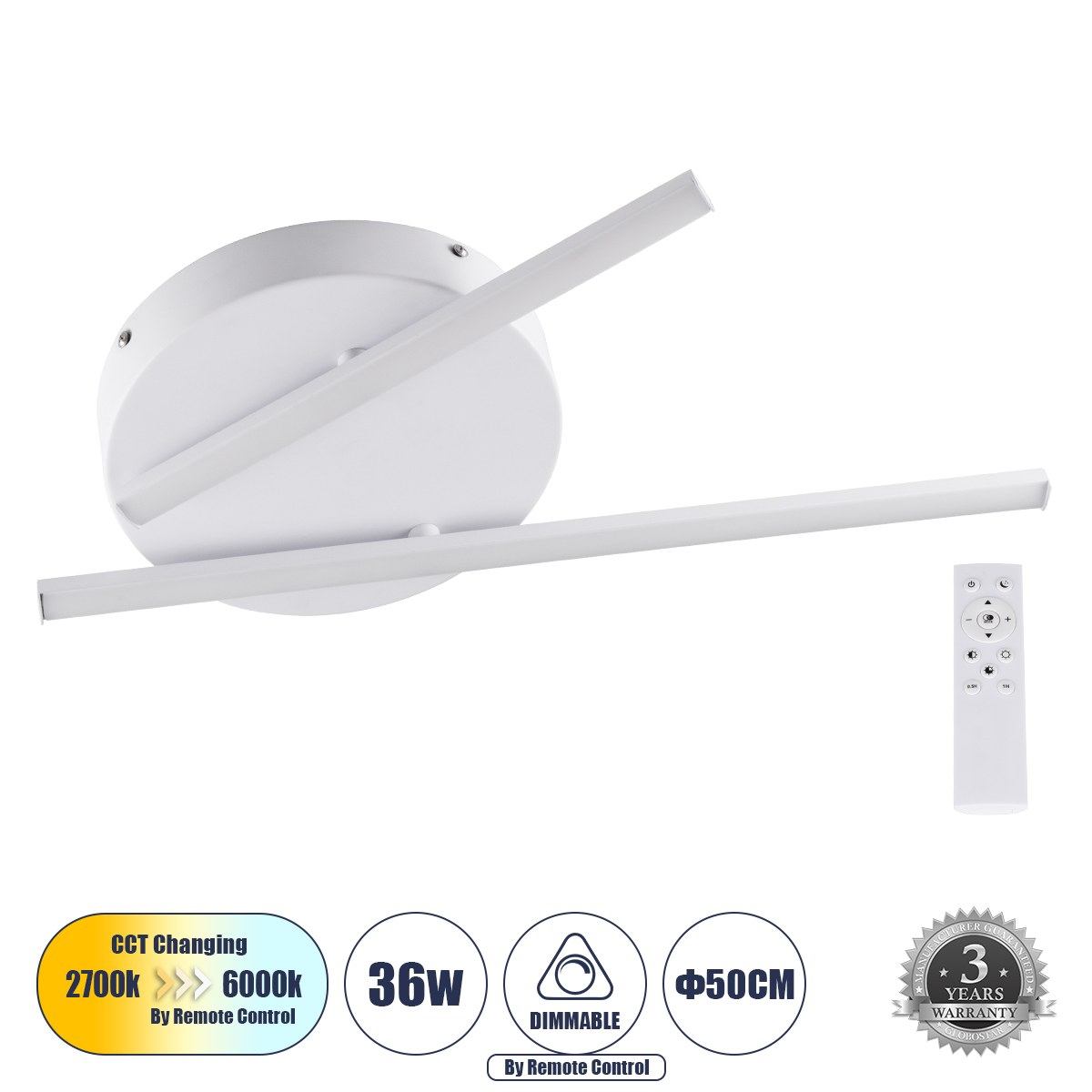 61092 GloboStar® GLOBOSTAR® DRACO 61092 Μοντέρνο Φωτιστικό Οροφής LED 36W 4428lm 120° AC 220-240V IP20 Ρυθμιζόμενο Λευκό CCT με Χειριστήριο από 2700K έως 6000K Dimmable - Lumileds SMD Chip - Λευκό Ματ - Μ50 x Π50 x Υ6cm - 3 Χρόνια Εγγύηση