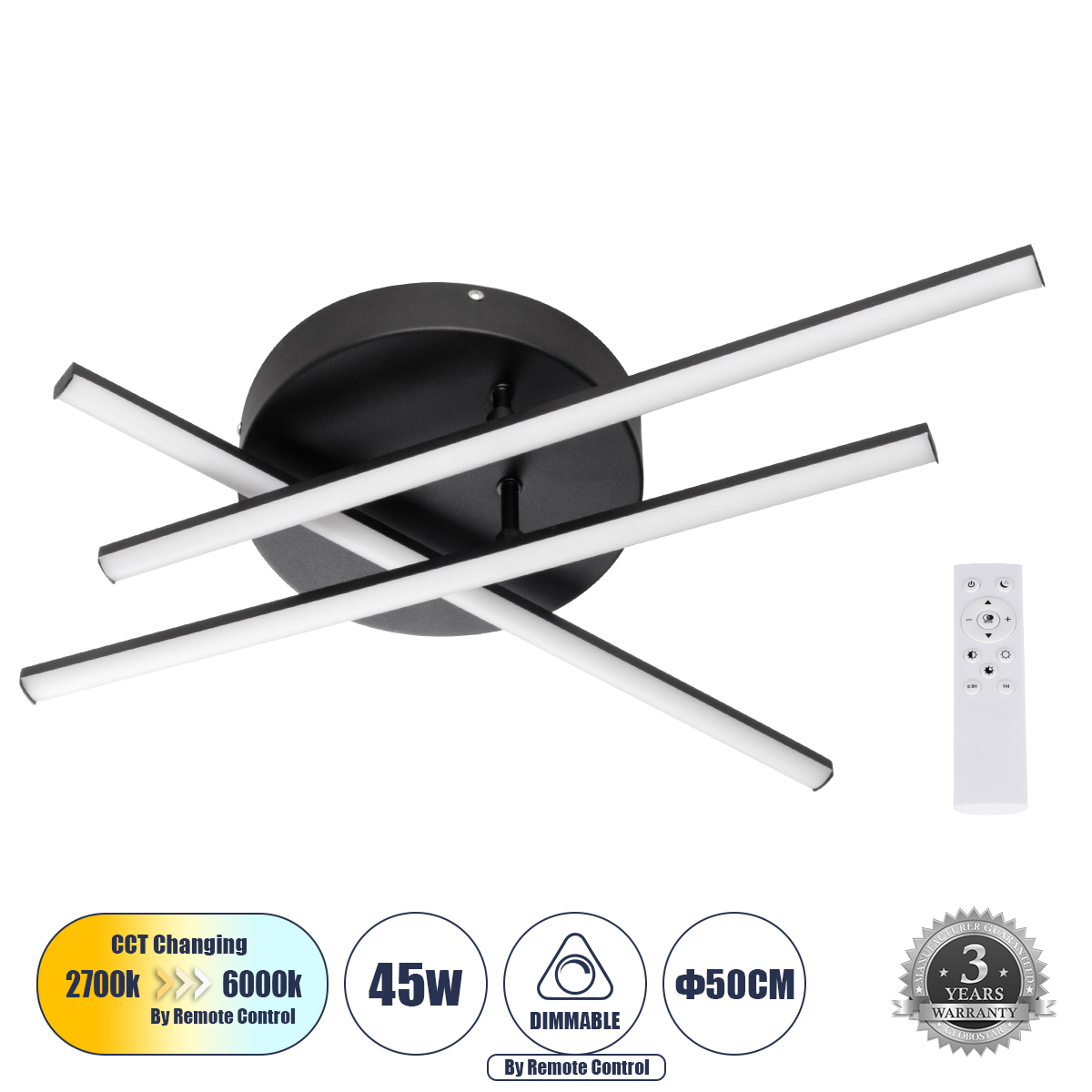 61093 GloboStar® GLOBOSTAR® DRACO 61093 Μοντέρνο Φωτιστικό Οροφής LED 45W 5535lm 120° AC 220-240V IP20 Ρυθμιζόμενο Λευκό CCT με Χειριστήριο από 2700K έως 6000K Dimmable - Lumileds SMD Chip - Μαύρο Ματ - Μ50 x Π50 x Υ11cm - 3 Χρόνια Εγγύηση