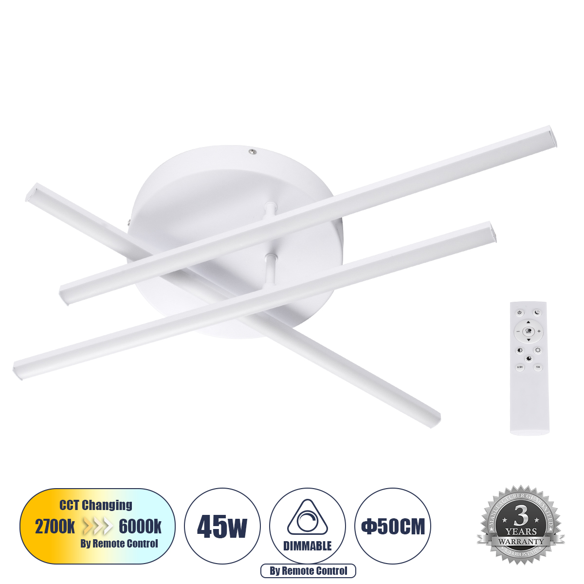 61094 GloboStar® GLOBOSTAR® DRACO 61094 Μοντέρνο Φωτιστικό Οροφής LED 45W 5535lm 120° AC 220-240V IP20 Ρυθμιζόμενο Λευκό CCT με Χειριστήριο από 2700K έως 6000K Dimmable - Lumileds SMD Chip - Λευκό Ματ - Μ50 x Π50 x Υ11cm - 3 Χρόνια Εγγύηση