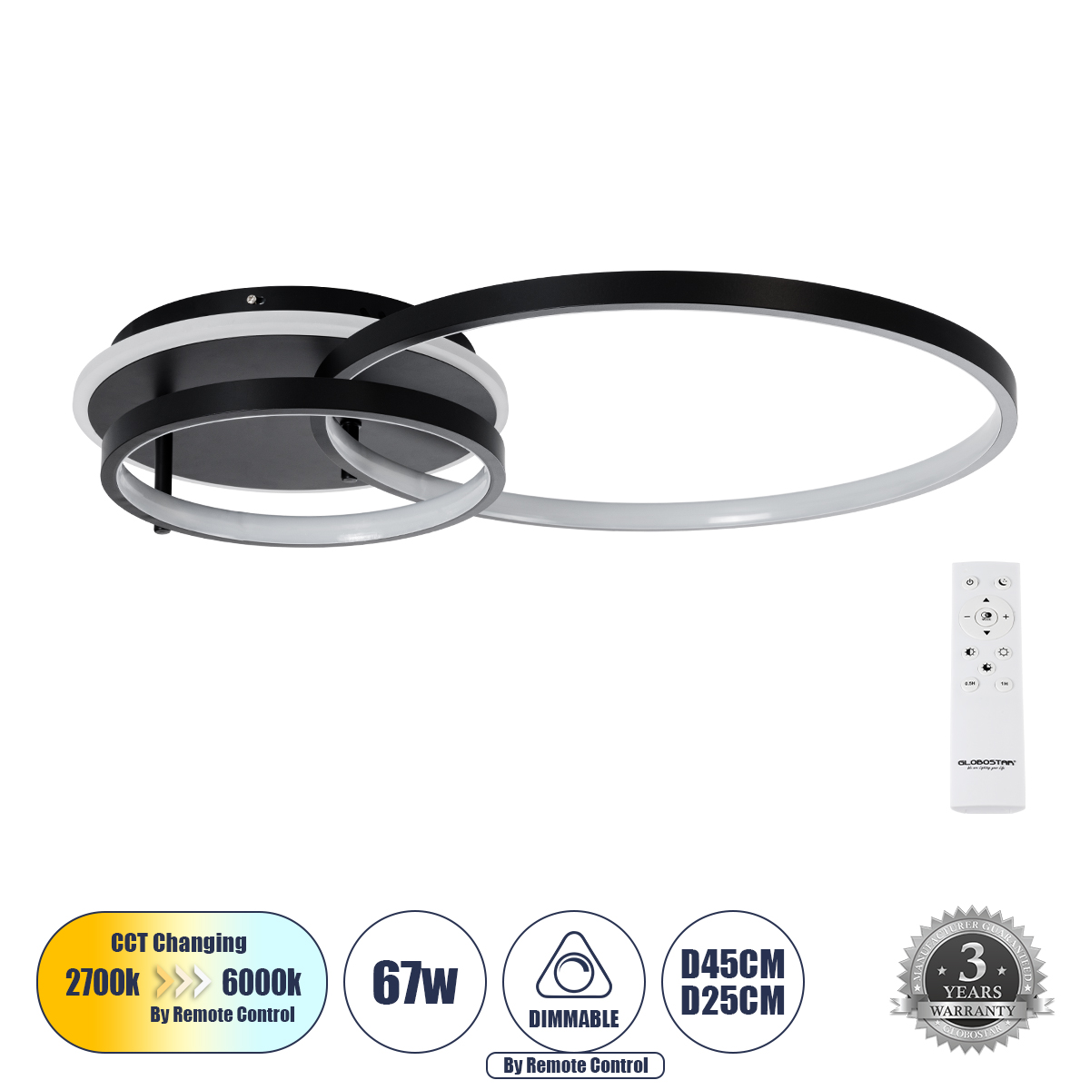 61105 GloboStar® NEMESIS 61105 Φωτιστικό Οροφής Δαχτυλίδι-Κύκλος LED CCT 67W 7573lm 360° AC 220-240V – Εναλλαγή Φωτισμού μέσω Τηλεχειριστηρίου All In One Ψυχρό 6000k+Φυσικό 4500k+Θερμό 2700k Dimmable Φ25+45cm+BackLight – Μαύρο – 3 Years Warranty 61105 GloboStar® NEMESIS 61105 Φωτιστικό Οροφής Δαχτυλίδι-Κύκλος LED CCT 67W 7573lm 360° AC 220-240V – Εναλλαγή Φωτισμού μέσω Τηλεχειριστηρίου All In One Ψυχρό 6000k+Φυσικό 4500k+Θερμό 2700k Dimmable Φ25+45cm+BackLight – Μαύρο – 3 Years Warranty