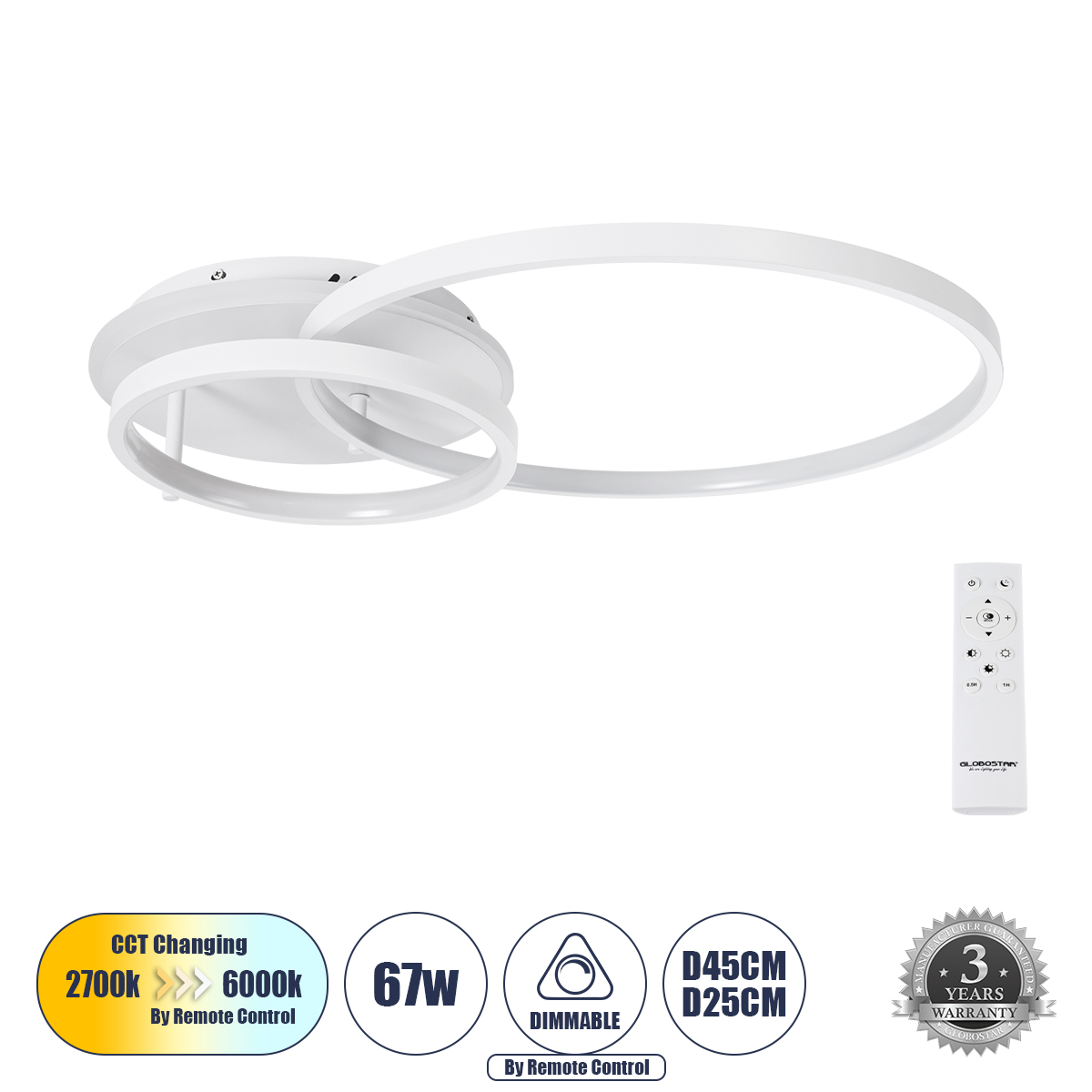 61106 GloboStar® NEMESIS 61106 Φωτιστικό Οροφής Δαχτυλίδι-Κύκλος LED CCT 67W 7573lm 360° AC 220-240V – Εναλλαγή Φωτισμού μέσω Τηλεχειριστηρίου All In One Ψυχρό 6000k+Φυσικό 4500k+Θερμό 2700k Dimmable Φ25+45cm+BackLight – Λευκό – 3 Years Warranty 61106 GloboStar® NEMESIS 61106 Φωτιστικό Οροφής Δαχτυλίδι-Κύκλος LED CCT 67W 7573lm 360° AC 220-240V – Εναλλαγή Φωτισμού μέσω Τηλεχειριστηρίου All In One Ψυχρό 6000k+Φυσικό 4500k+Θερμό 2700k Dimmable Φ25+45cm+BackLight – Λευκό – 3 Years Warranty