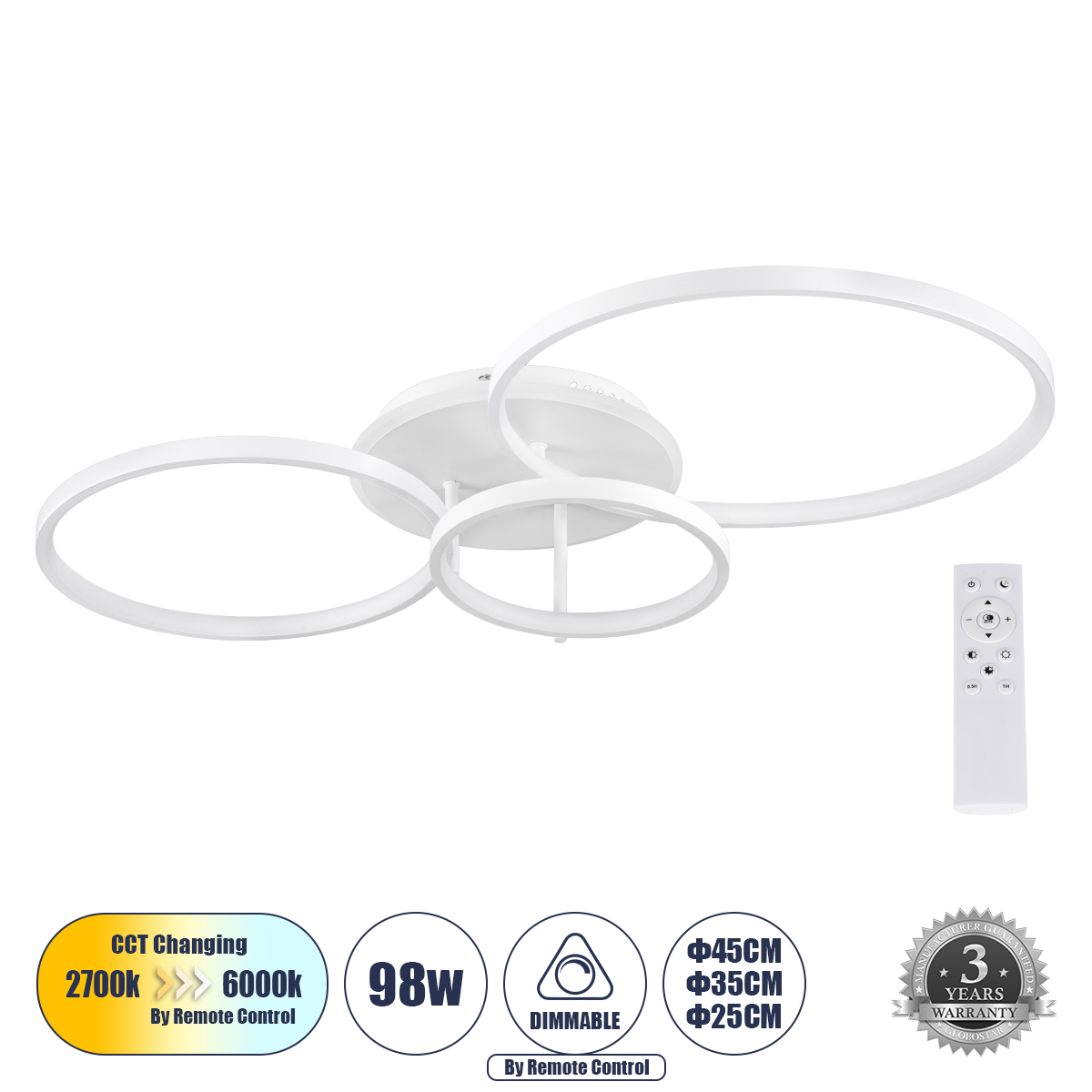 61109 GloboStar® NEMESIS 61109 Φωτιστικό Οροφής Δαχτυλίδι-Κύκλος LED CCT 98W 11858lm 360° AC 220-240V – Εναλλαγή Φωτισμού μέσω Τηλεχειριστηρίου All In One Ψυχρό 6000k+Φυσικό 4500k+Θερμό 2700k Dimmable Φ25+35+45cm+BackLight – Λευκό – 3 Years Warranty 61109 GloboStar® NEMESIS 61109 Φωτιστικό Οροφής Δαχτυλίδι-Κύκλος LED CCT 98W 11858lm 360° AC 220-240V – Εναλλαγή Φωτισμού μέσω Τηλεχειριστηρίου All In One Ψυχρό 6000k+Φυσικό 4500k+Θερμό 2700k Dimmable Φ25+35+45cm+BackLight – Λευκό – 3 Years Warranty
