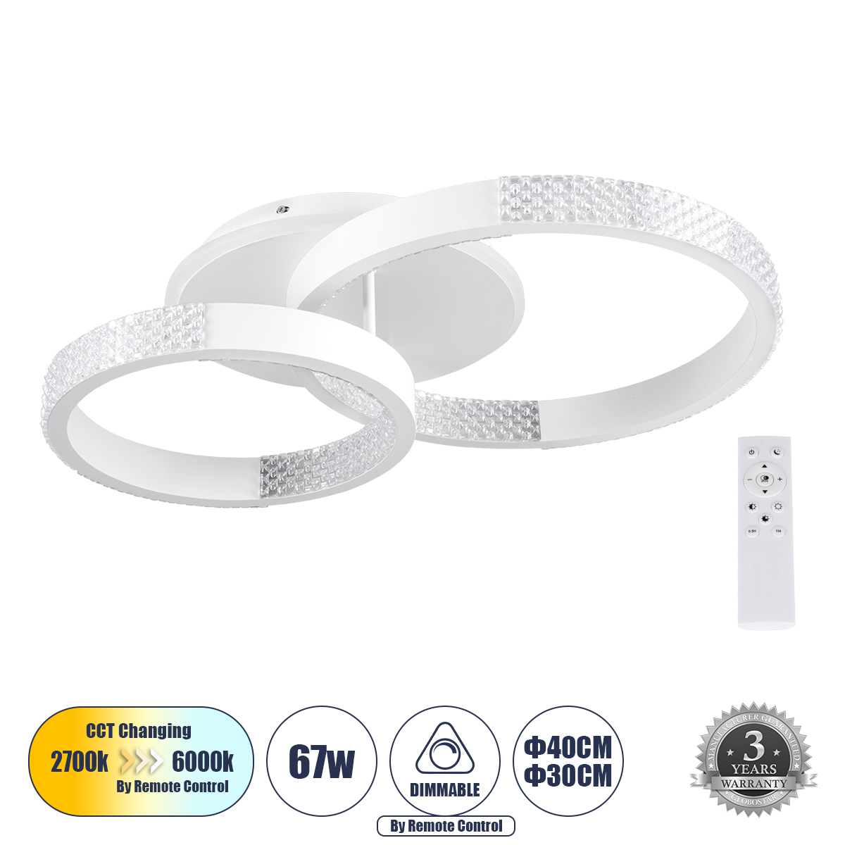 61112 GloboStar® DIAMOND 61112 Φωτιστικό Οροφής Δαχτυλίδι-Κύκλος LED CCT 67W 8078lm 360° AC 220-240V – Εναλλαγή Φωτισμού μέσω Τηλεχειριστηρίου All In One Ψυχρό 6000k+Φυσικό 4500k+Θερμό 2700k Dimmable Φ30+40cm+BackLight – Λευκό – 3 Years Warranty 61112 GloboStar® DIAMOND 61112 Φωτιστικό Οροφής Δαχτυλίδι-Κύκλος LED CCT 67W 8078lm 360° AC 220-240V – Εναλλαγή Φωτισμού μέσω Τηλεχειριστηρίου All In One Ψυχρό 6000k+Φυσικό 4500k+Θερμό 2700k Dimmable Φ30+40cm+BackLight – Λευκό – 3 Years Warranty