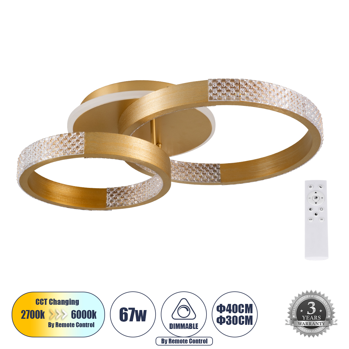 61113 GloboStar® DIAMOND 61113 Φωτιστικό Οροφής Δαχτυλίδι-Κύκλος LED CCT 67W 8078lm 360° AC 220-240V – Εναλλαγή Φωτισμού μέσω Τηλεχειριστηρίου All In One Ψυχρό 6000k+Φυσικό 4500k+Θερμό 2700k Dimmable Φ30+40cm+BackLight – Χρυσό Βούρτσας – 3 Years Warranty 61113 GloboStar® DIAMOND 61113 Φωτιστικό Οροφής Δαχτυλίδι-Κύκλος LED CCT 67W 8078lm 360° AC 220-240V – Εναλλαγή Φωτισμού μέσω Τηλεχειριστηρίου All In One Ψυχρό 6000k+Φυσικό 4500k+Θερμό 2700k Dimmable Φ30+40cm+BackLight – Χρυσό Βούρτσας – 3 Years Warranty