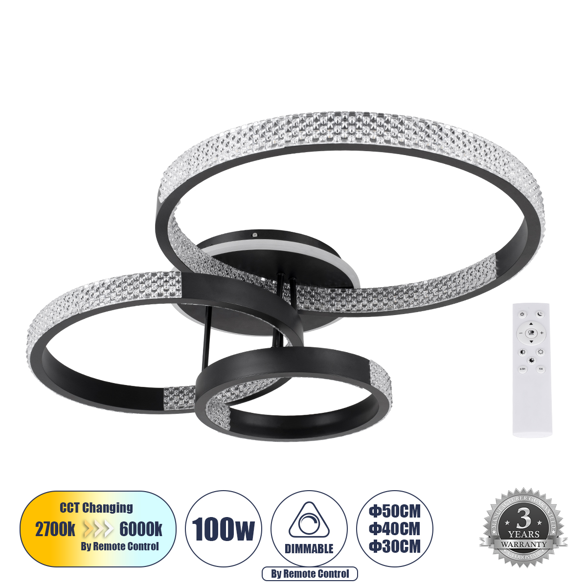 61114 GloboStar® DIAMOND 61114 Φωτιστικό Οροφής Δαχτυλίδι-Κύκλος LED CCT 100W 12123lm 360° AC 220-240V – Εναλλαγή Φωτισμού μέσω Τηλεχειριστηρίου All In One Ψυχρό 6000k+Φυσικό 4500k+Θερμό 2700k Dimmable Φ30+40+50cm+BackLight – Μαύρο – 3 Years Warranty 61114 GloboStar® DIAMOND 61114 Φωτιστικό Οροφής Δαχτυλίδι-Κύκλος LED CCT 100W 12123lm 360° AC 220-240V – Εναλλαγή Φωτισμού μέσω Τηλεχειριστηρίου All In One Ψυχρό 6000k+Φυσικό 4500k+Θερμό 2700k Dimmable Φ30+40+50cm+BackLight – Μαύρο – 3 Years Warranty