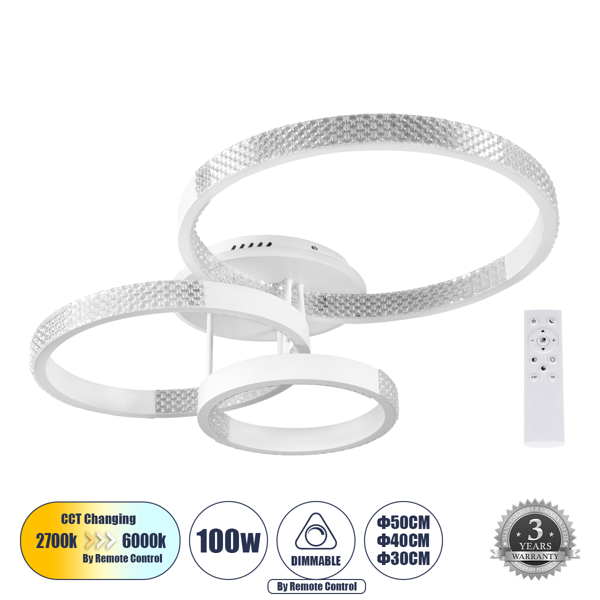 61115 GloboStar® DIAMOND 61115 Φωτιστικό Οροφής Δαχτυλίδι-Κύκλος LED CCT 100W 12123lm 360° AC 220-240V – Εναλλαγή Φωτισμού μέσω Τηλεχειριστηρίου All In One Ψυχρό 6000k+Φυσικό 4500k+Θερμό 2700k Dimmable Φ30+40+50cm+BackLight – Λευκό – 3 Years Warranty 61115 GloboStar® DIAMOND 61115 Φωτιστικό Οροφής Δαχτυλίδι-Κύκλος LED CCT 100W 12123lm 360° AC 220-240V – Εναλλαγή Φωτισμού μέσω Τηλεχειριστηρίου All In One Ψυχρό 6000k+Φυσικό 4500k+Θερμό 2700k Dimmable Φ30+40+50cm+BackLight – Λευκό – 3 Years Warranty