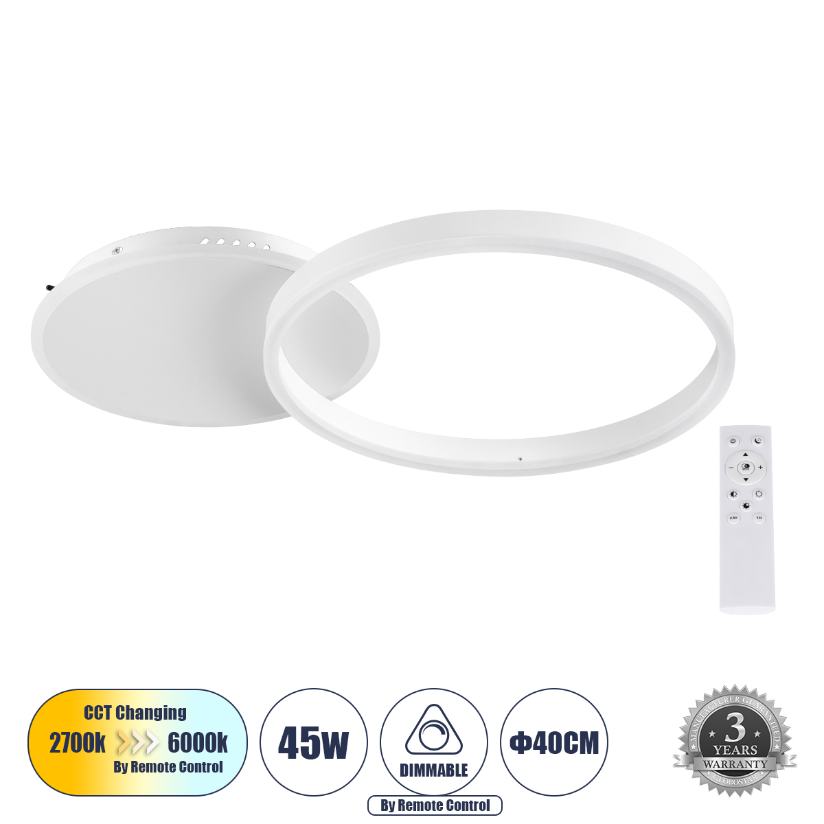 61118 GloboStar® VENOM 61118 Φωτιστικό Οροφής Δαχτυλίδι-Κύκλος LED CCT 45W 5445lm 360° AC 220-240V – Εναλλαγή Φωτισμού μέσω Τηλεχειριστηρίου All In One Ψυχρό 6000k+Φυσικό 4500k+Θερμό 2700k Dimmable Φ40cm+BackLight – Λευκό – 3 Years Warranty 61118 GloboStar® VENOM 61118 Φωτιστικό Οροφής Δαχτυλίδι-Κύκλος LED CCT 45W 5445lm 360° AC 220-240V – Εναλλαγή Φωτισμού μέσω Τηλεχειριστηρίου All In One Ψυχρό 6000k+Φυσικό 4500k+Θερμό 2700k Dimmable Φ40cm+BackLight – Λευκό – 3 Years Warranty