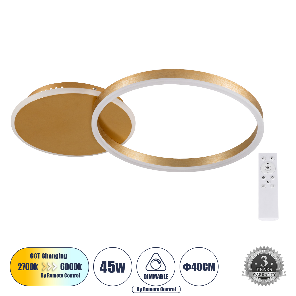 61119 GloboStar® VENOM 61119 Φωτιστικό Οροφής Δαχτυλίδι-Κύκλος LED CCT 45W 5445lm 360° AC 220-240V – Εναλλαγή Φωτισμού μέσω Τηλεχειριστηρίου All In One Ψυχρό 6000k+Φυσικό 4500k+Θερμό 2700k Dimmable Φ40cm+BackLight – Χρυσό Βούρτσας – 3 Years Warranty 61119 GloboStar® VENOM 61119 Φωτιστικό Οροφής Δαχτυλίδι-Κύκλος LED CCT 45W 5445lm 360° AC 220-240V – Εναλλαγή Φωτισμού μέσω Τηλεχειριστηρίου All In One Ψυχρό 6000k+Φυσικό 4500k+Θερμό 2700k Dimmable Φ40cm+BackLight – Χρυσό Βούρτσας – 3 Years Warranty