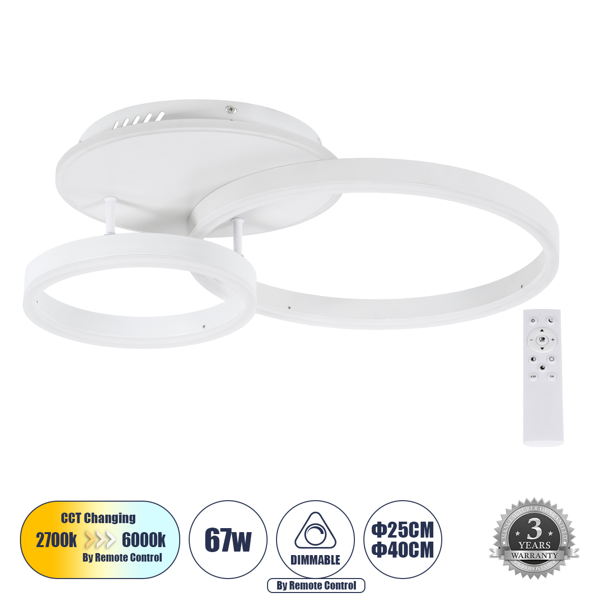 61121 GloboStar® VENOM 61121 Φωτιστικό Οροφής Δαχτυλίδι-Κύκλος LED CCT 67W 8107lm 360° AC 220-240V – Εναλλαγή Φωτισμού μέσω Τηλεχειριστηρίου All In One Ψυχρό 6000k+Φυσικό 4500k+Θερμό 2700k Dimmable Φ25+40cm+BackLight – Λευκό – 3 Years Warranty 61121 GloboStar® VENOM 61121 Φωτιστικό Οροφής Δαχτυλίδι-Κύκλος LED CCT 67W 8107lm 360° AC 220-240V – Εναλλαγή Φωτισμού μέσω Τηλεχειριστηρίου All In One Ψυχρό 6000k+Φυσικό 4500k+Θερμό 2700k Dimmable Φ25+40cm+BackLight – Λευκό – 3 Years Warranty
