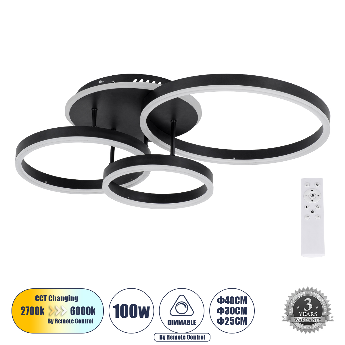 61123 GloboStar® VENOM 61123 Φωτιστικό Οροφής Δαχτυλίδι-Κύκλος LED CCT 100W 12100lm 360° AC 220-240V – Εναλλαγή Φωτισμού μέσω Τηλεχειριστηρίου All In One Ψυχρό 6000k+Φυσικό 4500k+Θερμό 2700k Dimmable Φ25+30+40cm+BackLight – Μαύρο – 3 Years Warranty 61123 GloboStar® VENOM 61123 Φωτιστικό Οροφής Δαχτυλίδι-Κύκλος LED CCT 100W 12100lm 360° AC 220-240V – Εναλλαγή Φωτισμού μέσω Τηλεχειριστηρίου All In One Ψυχρό 6000k+Φυσικό 4500k+Θερμό 2700k Dimmable Φ25+30+40cm+BackLight – Μαύρο – 3 Years Warranty