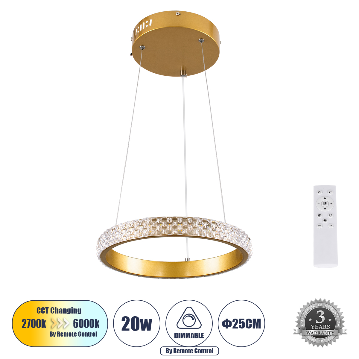 61127 GloboStar® GLOBOSTAR® DIAMOND 61127 Μοντέρνο Κρεμαστό Φωτιστικό Οροφής LED 20W 2356lm 360° AC 220-240V IP20 Ρυθμιζόμενο Λευκό CCT με Χειριστήριο από 2700K έως 6000K Dimmable - Lumileds SMD Chip - Χρυσό Βούρτσας - Μ25 x Π25 x Υ3cm - 3 Χρόνια Εγγύηση