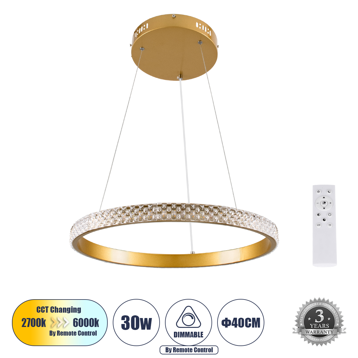 61129 GloboStar® DIAMOND 61129 Κρεμαστό Φωτιστικό Δαχτυλίδι-Κύκλος LED CCT 30W 3513lm 360° AC 220-240V – Εναλλαγή Φωτισμού μέσω Τηλεχειριστηρίου All In One Ψυχρό 6000k+Φυσικό 4500k+Θερμό 2700k Dimmable Φ40cm – Χρυσό Βούρτσας – 3 Years Warranty 61129 GloboStar® DIAMOND 61129 Κρεμαστό Φωτιστικό Δαχτυλίδι-Κύκλος LED CCT 30W 3513lm 360° AC 220-240V – Εναλλαγή Φωτισμού μέσω Τηλεχειριστηρίου All In One Ψυχρό 6000k+Φυσικό 4500k+Θερμό 2700k Dimmable Φ40cm – Χρυσό Βούρτσας – 3 Years Warranty