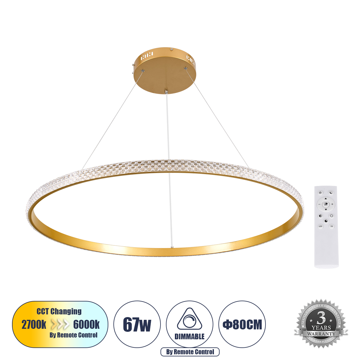 61133 GloboStar® DIAMOND 61133 Κρεμαστό Φωτιστικό Δαχτυλίδι-Κύκλος LED CCT 67W 7689lm 360° AC 220-240V – Εναλλαγή Φωτισμού μέσω Τηλεχειριστηρίου All In One Ψυχρό 6000k+Φυσικό 4500k+Θερμό 2700k Dimmable Φ80cm – Χρυσό Βούρτσας – 3 Years Warranty 61133 GloboStar® DIAMOND 61133 Κρεμαστό Φωτιστικό Δαχτυλίδι-Κύκλος LED CCT 67W 7689lm 360° AC 220-240V – Εναλλαγή Φωτισμού μέσω Τηλεχειριστηρίου All In One Ψυχρό 6000k+Φυσικό 4500k+Θερμό 2700k Dimmable Φ80cm – Χρυσό Βούρτσας – 3 Years Warranty