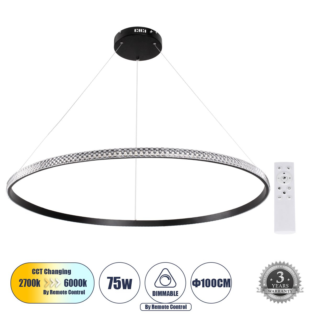 61134 GloboStar® DIAMOND 61134 Κρεμαστό Φωτιστικό Δαχτυλίδι-Κύκλος LED CCT 75W 8743lm 360° AC 220-240V – Εναλλαγή Φωτισμού μέσω Τηλεχειριστηρίου All In One Ψυχρό 6000k+Φυσικό 4500k+Θερμό 2700k Dimmable Φ100cm – Μαύρο – 3 Years Warranty 61134 GloboStar® DIAMOND 61134 Κρεμαστό Φωτιστικό Δαχτυλίδι-Κύκλος LED CCT 75W 8743lm 360° AC 220-240V – Εναλλαγή Φωτισμού μέσω Τηλεχειριστηρίου All In One Ψυχρό 6000k+Φυσικό 4500k+Θερμό 2700k Dimmable Φ100cm – Μαύρο – 3 Years Warranty