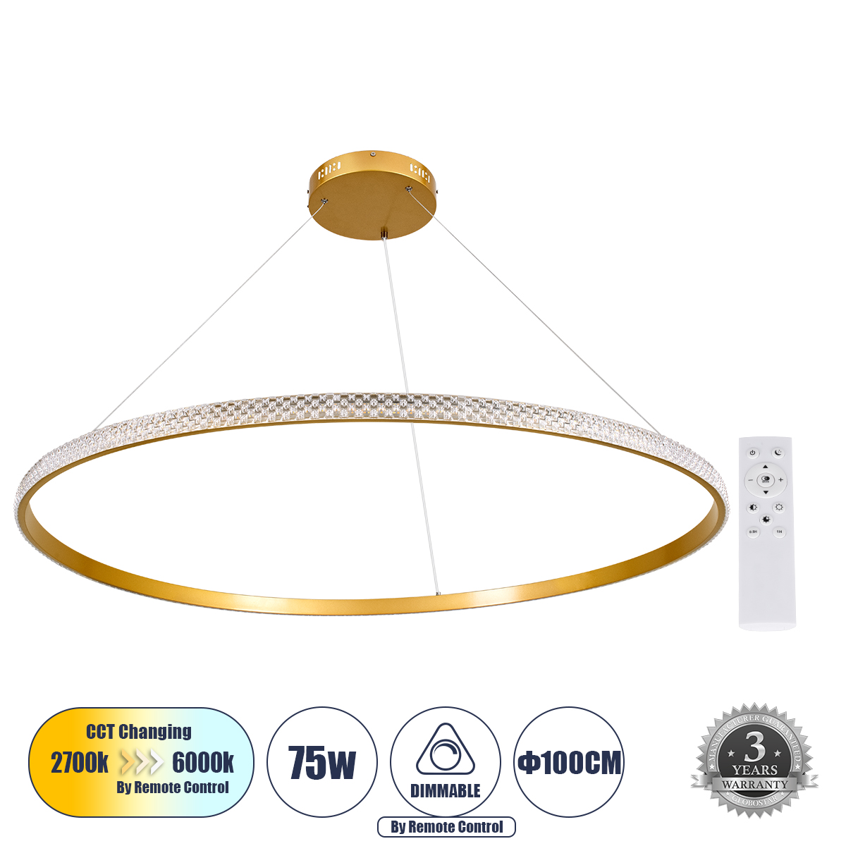 61135 GloboStar® DIAMOND 61135 Κρεμαστό Φωτιστικό Δαχτυλίδι-Κύκλος LED CCT 75W 8743lm 360° AC 220-240V – Εναλλαγή Φωτισμού μέσω Τηλεχειριστηρίου All In One Ψυχρό 6000k+Φυσικό 4500k+Θερμό 2700k Dimmable Φ100cm – Χρυσό Βούρτσας – 3 Years Warranty 61135 GloboStar® DIAMOND 61135 Κρεμαστό Φωτιστικό Δαχτυλίδι-Κύκλος LED CCT 75W 8743lm 360° AC 220-240V – Εναλλαγή Φωτισμού μέσω Τηλεχειριστηρίου All In One Ψυχρό 6000k+Φυσικό 4500k+Θερμό 2700k Dimmable Φ100cm – Χρυσό Βούρτσας – 3 Years Warranty