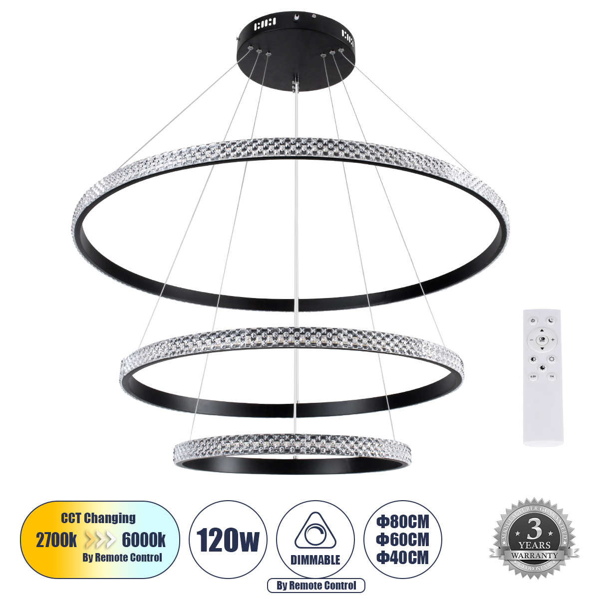 61138 GloboStar® DIAMOND TRIO 61138 Κρεμαστό Φωτιστικό Δαχτυλίδι-Κύκλος LED CCT 120W 14723lm 360° AC 220-240V – Εναλλαγή Φωτισμού μέσω Τηλεχειριστηρίου All In One Ψυχρό 6000k+Φυσικό 4500k+Θερμό 2700k Dimmable Φ40+60+80cm – Μαύρο – 3 Years Warranty 61138 GloboStar® DIAMOND TRIO 61138 Κρεμαστό Φωτιστικό Δαχτυλίδι-Κύκλος LED CCT 120W 14723lm 360° AC 220-240V – Εναλλαγή Φωτισμού μέσω Τηλεχειριστηρίου All In One Ψυχρό 6000k+Φυσικό 4500k+Θερμό 2700k Dimmable Φ40+60+80cm – Μαύρο – 3 Years Warranty