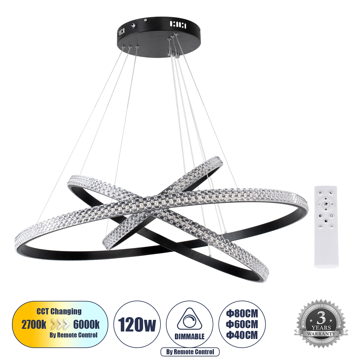 61138-DECO GloboStar®  DIAMOND TRIO 61138-DECO Κρεμαστό Φωτιστικό Δαχτυλίδι-Κύκλος LED CCT 120W 14723lm 360° AC 220-240V – Εναλλαγή Φωτισμού μέσω Τηλεχειριστηρίου All In One Ψυχρό 6000k+Φυσικό 4500k+Θερμό 2700k Dimmable Φ40+60+80cm – Μαύρο – 3 Years Warra