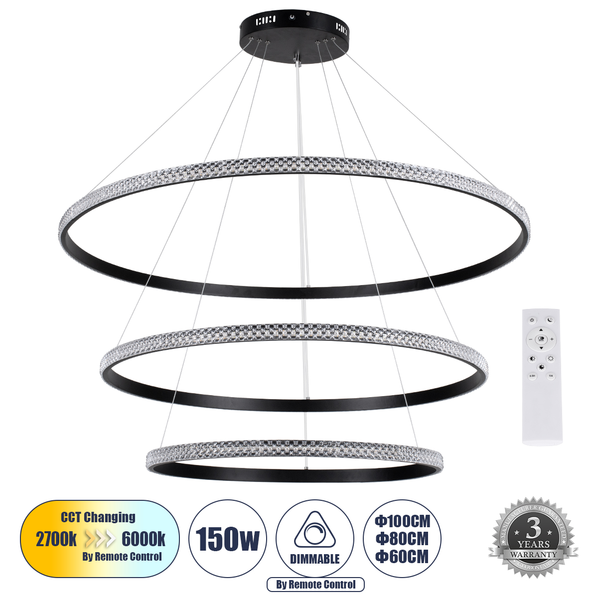 61140 GloboStar®  DIAMOND TRIO 61140 Κρεμαστό Φωτιστικό Δαχτυλίδι-Κύκλος LED CCT 150W 18379lm 360° AC 220-240V – Εναλλαγή Φωτισμού μέσω Τηλεχειριστηρίου All In One Ψυχρό 6000k+Φυσικό 4500k+Θερμό 2700k Dimmable Φ60+80+100cm – Μαύρο – 3 Years Warranty
