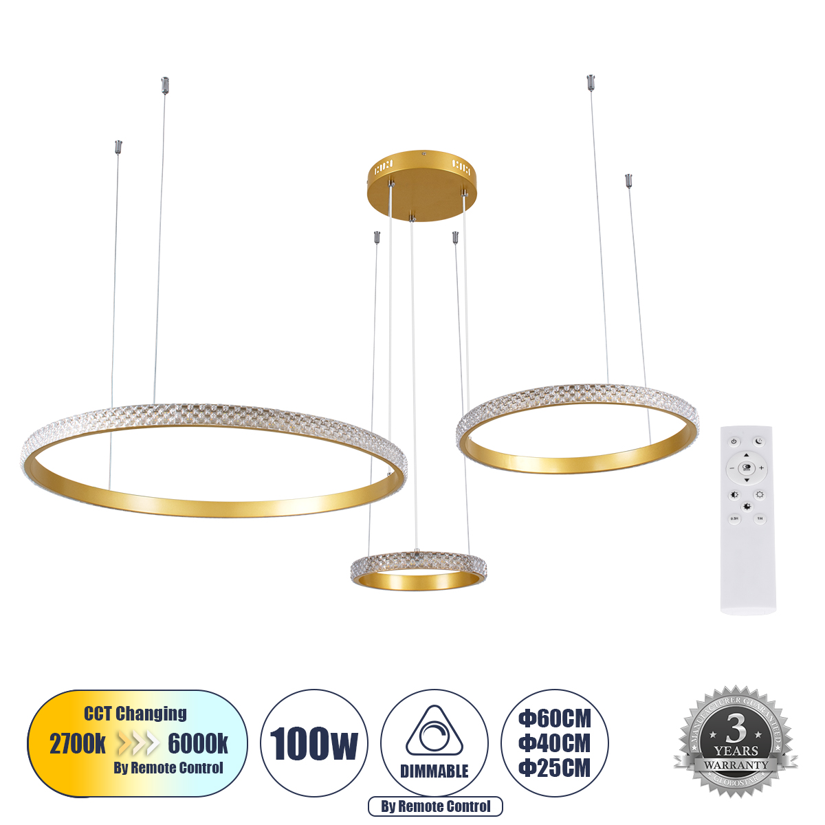 61143 GloboStar® DIAMOND TRIO 61143 Κρεμαστό Φωτιστικό Δαχτυλίδι-Κύκλος LED CCT 100W 12123lm 360° AC 220-240V – Εναλλαγή Φωτισμού μέσω Τηλεχειριστηρίου All In One Ψυχρό 6000k+Φυσικό 4500k+Θερμό 2700k Dimmable Φ25+40+60cm – Χρυσό Βούρτσας – 3 Years Warran 61143 GloboStar® DIAMOND TRIO 61143 Κρεμαστό Φωτιστικό Δαχτυλίδι-Κύκλος LED CCT 100W 12123lm 360° AC 220-240V – Εναλλαγή Φωτισμού μέσω Τηλεχειριστηρίου All In One Ψυχρό 6000k+Φυσικό 4500k+Θερμό 2700k Dimmable Φ25+40+60cm – Χρυσό Βούρτσας – 3 Years Warran