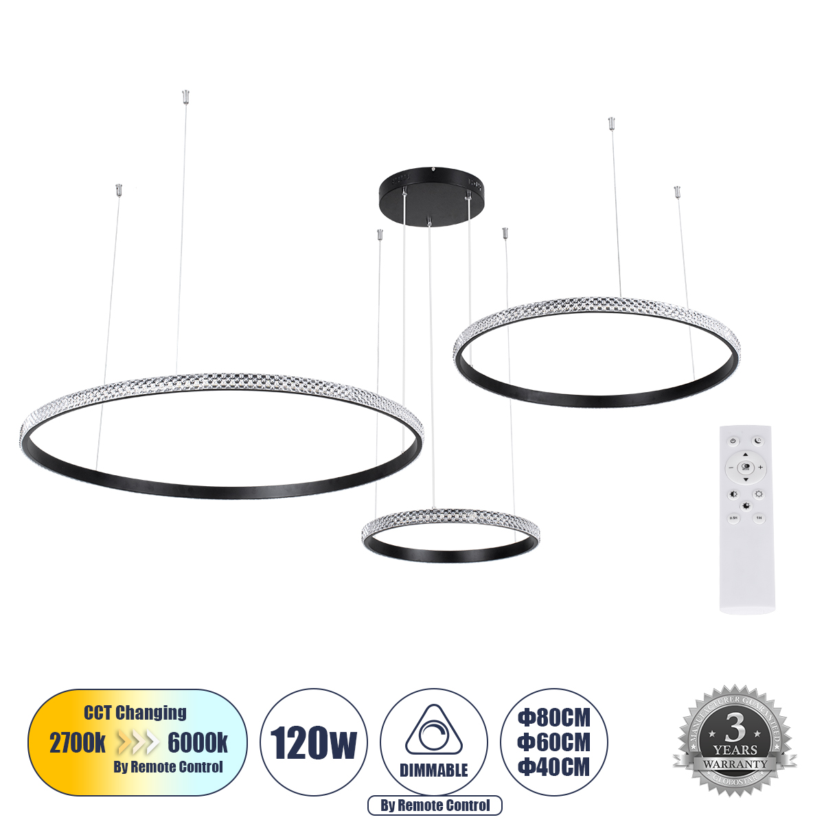 61144 GloboStar® GLOBOSTAR® DIAMOND TRIO 61144 Μοντέρνο Κρεμαστό Φωτιστικό Οροφής LED 120W 14723lm 360° AC 220-240V IP20 Ρυθμιζόμενο Λευκό CCT με Χειριστήριο από 2700K έως 6000K Dimmable - Lumileds SMD Chip - Μαυρό Ματ - Μ150 x Π150 x Υ60cm - 3 Χρόνια Εγγ