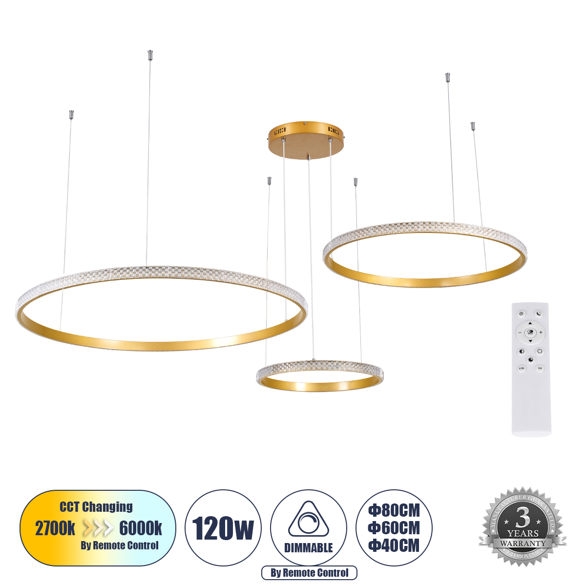 61145 GloboStar® GLOBOSTAR® DIAMOND TRIO 61145 Μοντέρνο Κρεμαστό Φωτιστικό Οροφής LED 120W 14723lm 360° AC 220-240V IP20 Ρυθμιζόμενο Λευκό CCT με Χειριστήριο από 2700K έως 6000K Dimmable - Lumileds SMD Chip - Χρυσό Βούρτσας - Μ150 x Π150 x Υ60cm - 3 Χρόνι