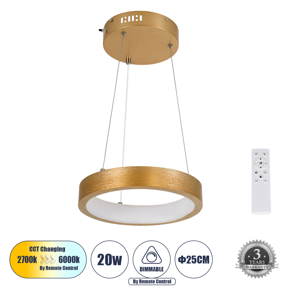 61154 GloboStar® GLOBOSTAR® NEMESIS 61154 Μοντέρνο Κρεμαστό Φωτιστικό Οροφής LED 20W 2356lm 360° AC 220-240V IP20 Ρυθμιζόμενο Λευκό CCT με Χειριστήριο από 2700K έως 6000K Dimmable - Lumileds SMD Chip - Χρυσό Βούρτσας - Μ25 x Π25 x Υ4cm - 3 Χρόνια Εγγύηση