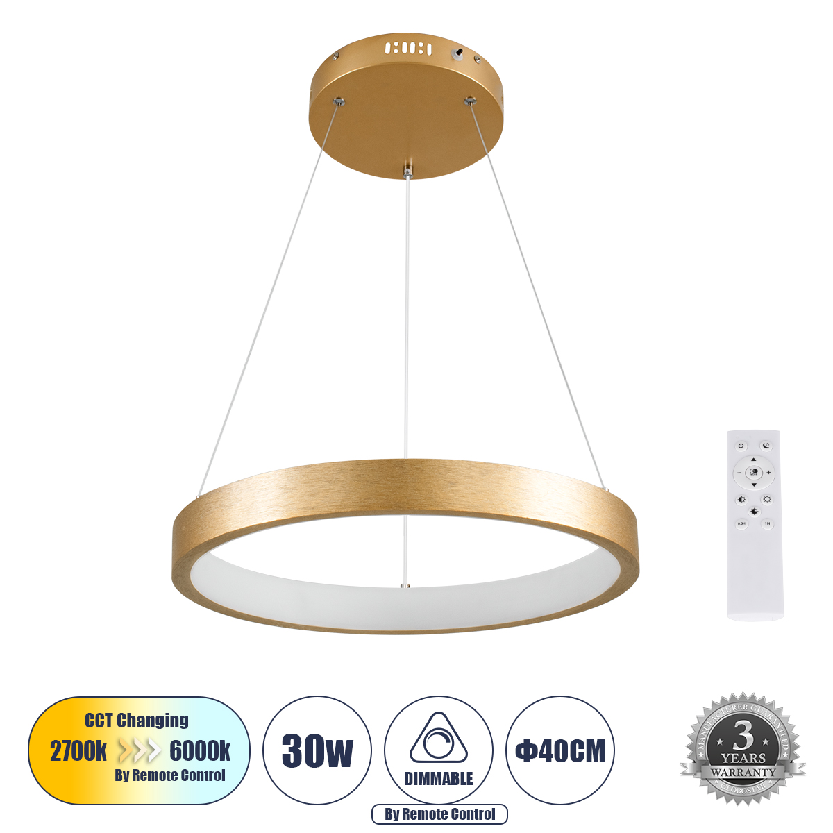 61157 GloboStar® NEMESIS 61157 Κρεμαστό Φωτιστικό Δαχτυλίδι-Κύκλος LED CCT 30W 3513lm 360° AC 220-240V – Εναλλαγή Φωτισμού μέσω Τηλεχειριστηρίου All In One Ψυχρό 6000k+Φυσικό 4500k+Θερμό 2700k Dimmable Φ40cm – Χρυσό Βούρτσας – 3 Years Warranty 61157 GloboStar® NEMESIS 61157 Κρεμαστό Φωτιστικό Δαχτυλίδι-Κύκλος LED CCT 30W 3513lm 360° AC 220-240V – Εναλλαγή Φωτισμού μέσω Τηλεχειριστηρίου All In One Ψυχρό 6000k+Φυσικό 4500k+Θερμό 2700k Dimmable Φ40cm – Χρυσό Βούρτσας – 3 Years Warranty