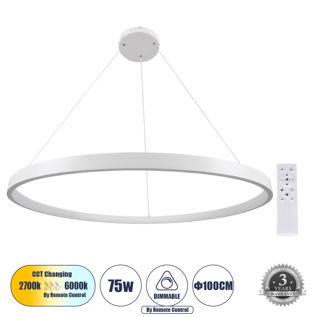 61165 GloboStar® NEMESIS 61165 Κρεμαστό Φωτιστικό Δαχτυλίδι-Κύκλος LED CCT 75W 8743lm 360° AC 220-240V – Εναλλαγή Φωτισμού μέσω Τηλεχειριστηρίου All In One Ψυχρό 6000k+Φυσικό 4500k+Θερμό 2700k Dimmable Φ100cm – Λευκό – 3 Years Warranty 61165 GloboStar® NEMESIS 61165 Κρεμαστό Φωτιστικό Δαχτυλίδι-Κύκλος LED CCT 75W 8743lm 360° AC 220-240V – Εναλλαγή Φωτισμού μέσω Τηλεχειριστηρίου All In One Ψυχρό 6000k+Φυσικό 4500k+Θερμό 2700k Dimmable Φ100cm – Λευκό – 3 Years Warranty