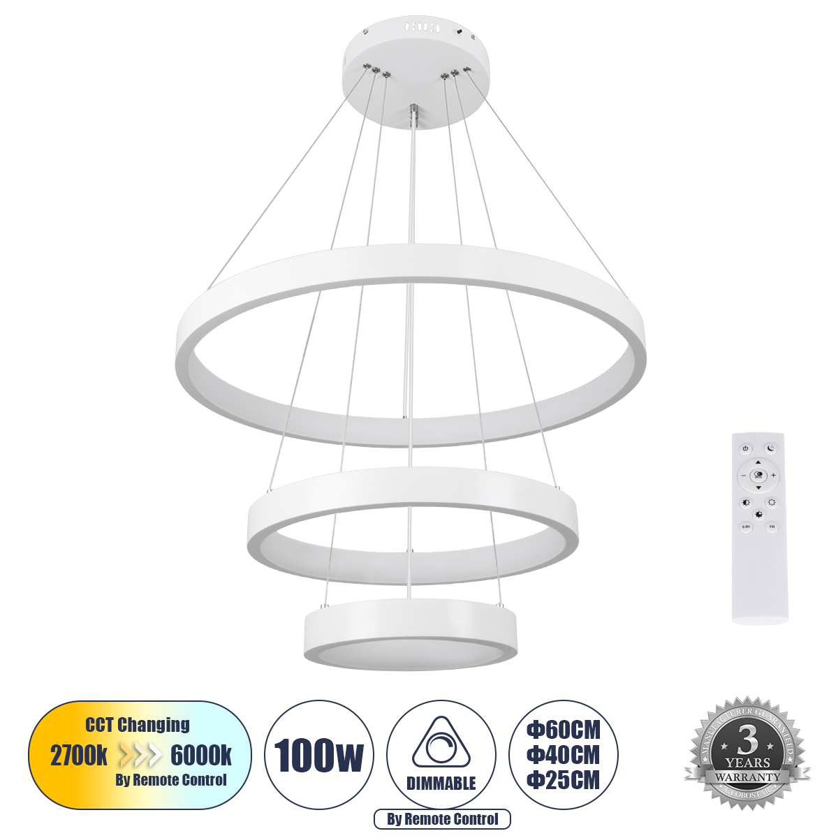 61168 GloboStar® NEMESIS TRIO 61168 Κρεμαστό Φωτιστικό Δαχτυλίδι-Κύκλος LED CCT 100W 12123lm 360° AC 220-240V – Εναλλαγή Φωτισμού μέσω Τηλεχειριστηρίου All In One Ψυχρό 6000k+Φυσικό 4500k+Θερμό 2700k Dimmable Φ25+40+60cm – Λευκό – 3 Years Warranty 61168 GloboStar® NEMESIS TRIO 61168 Κρεμαστό Φωτιστικό Δαχτυλίδι-Κύκλος LED CCT 100W 12123lm 360° AC 220-240V – Εναλλαγή Φωτισμού μέσω Τηλεχειριστηρίου All In One Ψυχρό 6000k+Φυσικό 4500k+Θερμό 2700k Dimmable Φ25+40+60cm – Λευκό – 3 Years Warranty