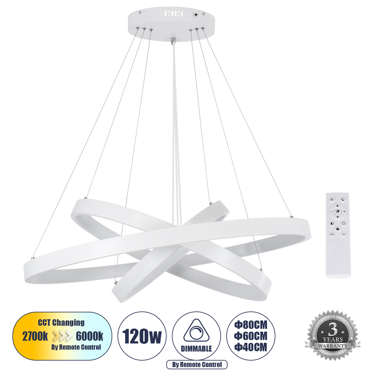 61171-DECO GloboStar® NEMESIS TRIO 61171-DECO Κρεμαστό Φωτιστικό Δαχτυλίδι-Κύκλος LED CCT 120W 14723lm 360° AC 220-240V – Εναλλαγή Φωτισμού μέσω Τηλεχειριστηρίου All In One Ψυχρό 6000k+Φυσικό 4500k+Θερμό 2700k Dimmable Φ40+60+80cm – Λευκό – 3 Years Warra 61171-DECO GloboStar® NEMESIS TRIO 61171-DECO Κρεμαστό Φωτιστικό Δαχτυλίδι-Κύκλος LED CCT 120W 14723lm 360° AC 220-240V – Εναλλαγή Φωτισμού μέσω Τηλεχειριστηρίου All In One Ψυχρό 6000k+Φυσικό 4500k+Θερμό 2700k Dimmable Φ40+60+80cm – Λευκό – 3 Years Warra