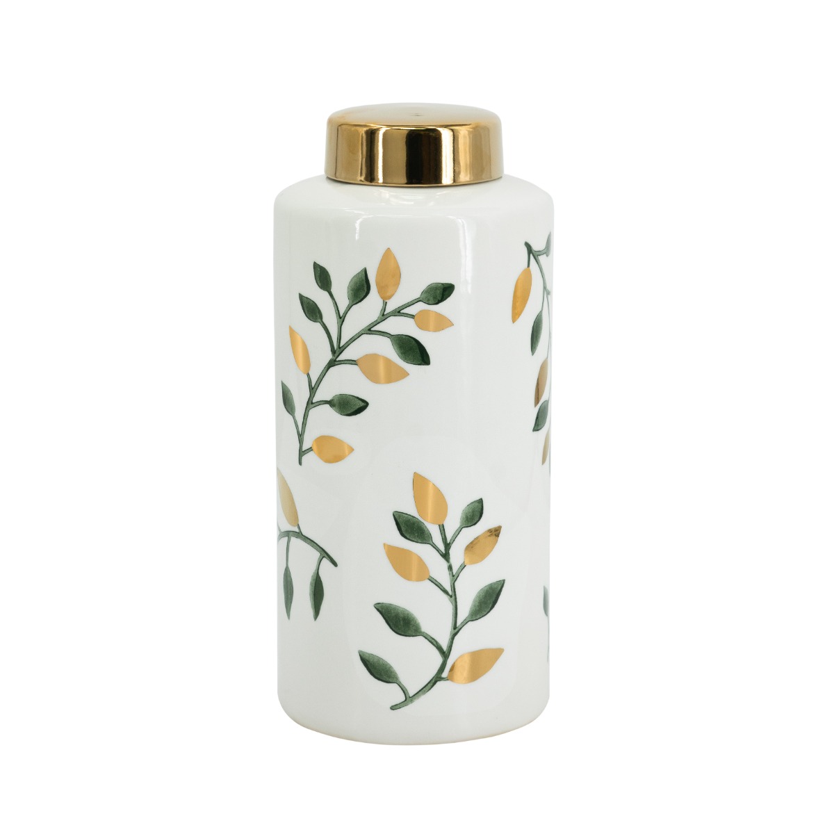 Artekko Anivia Λευκό Διακοσμητικό Κεραμικό Βάζο Δοχείο με Καπάκι με Χρυσά και Πράσινα Φύλλα (14.5x14.5x31.5)cm Artekko 61173